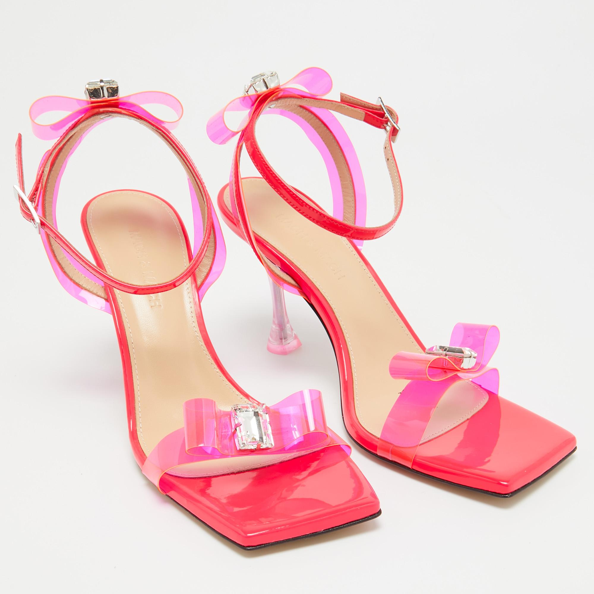 Women's Mach & Mach Neon Pink PVC and Patent Leather French Bow Sandals Size 37.5 For Sale