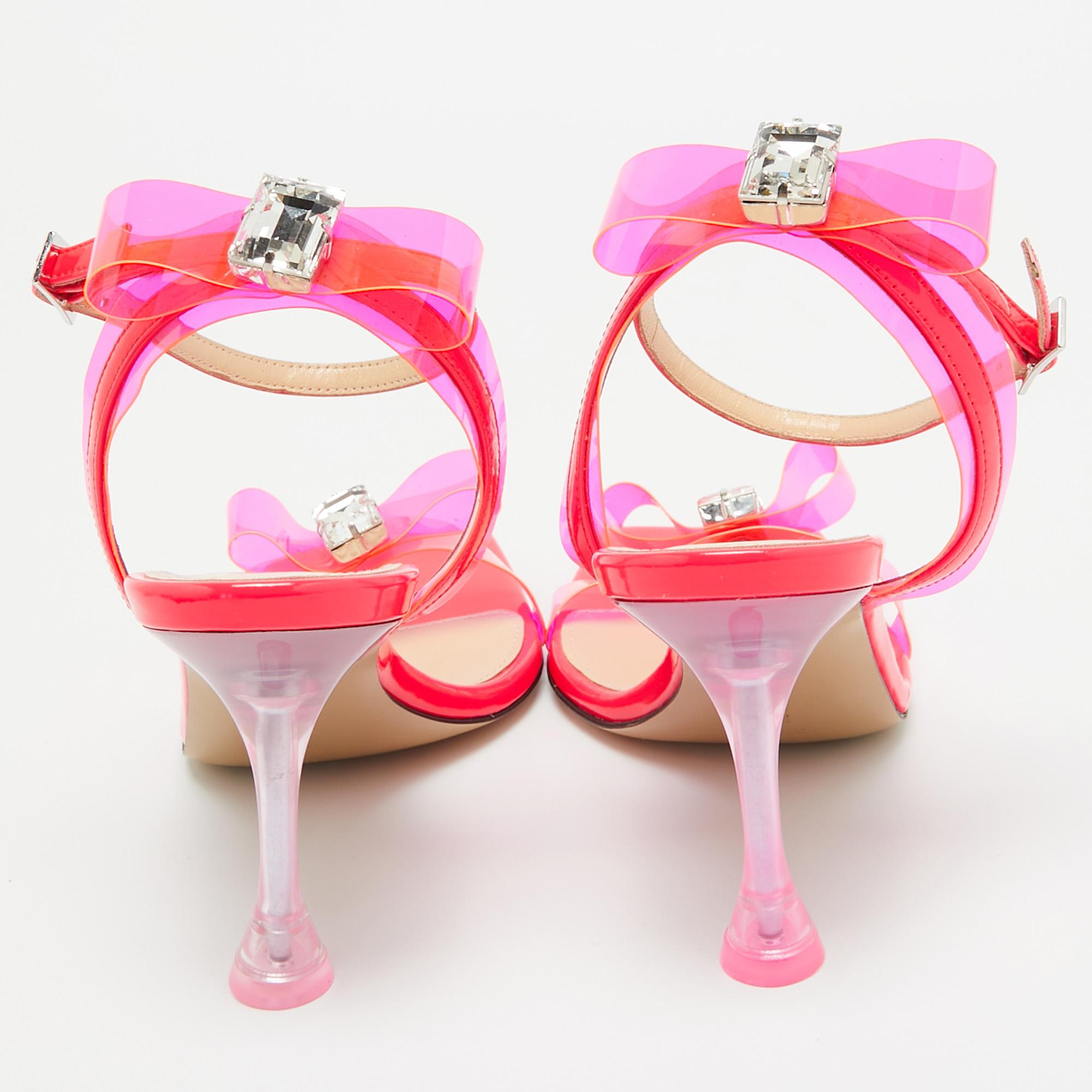 Mach & Mach Neon Pink PVC and Patent Leather French Bow Sandals Size 37.5 For Sale 1