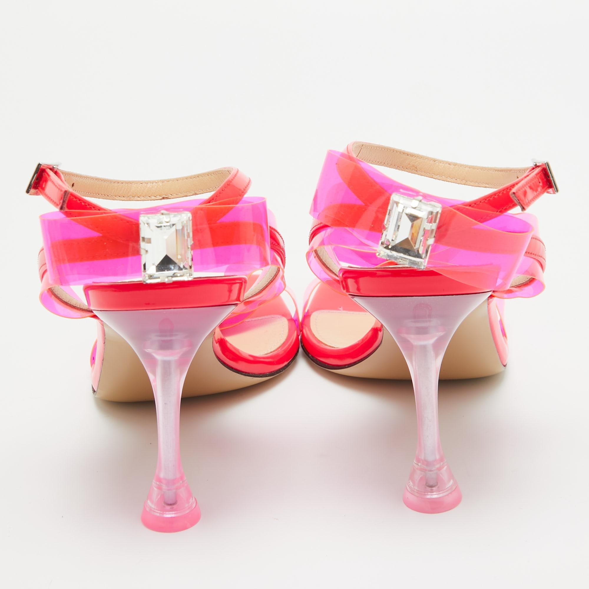 Mach & Mach Neon Pink PVC and Patent Leather French Bow Sandals Size 38 In Good Condition For Sale In Dubai, Al Qouz 2