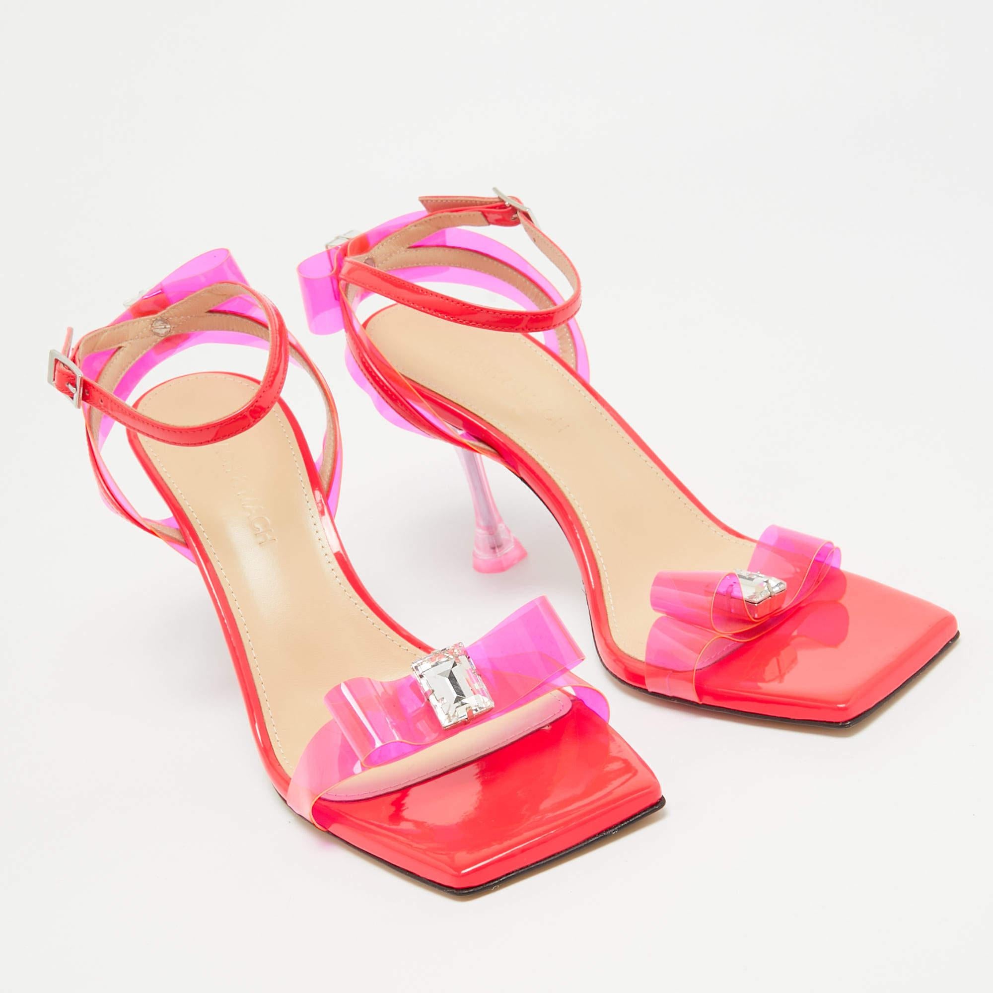 Mach & Mach Neon Pink PVC and Patent Leather French Bow Sandals Size 38 In Excellent Condition For Sale In Dubai, Al Qouz 2