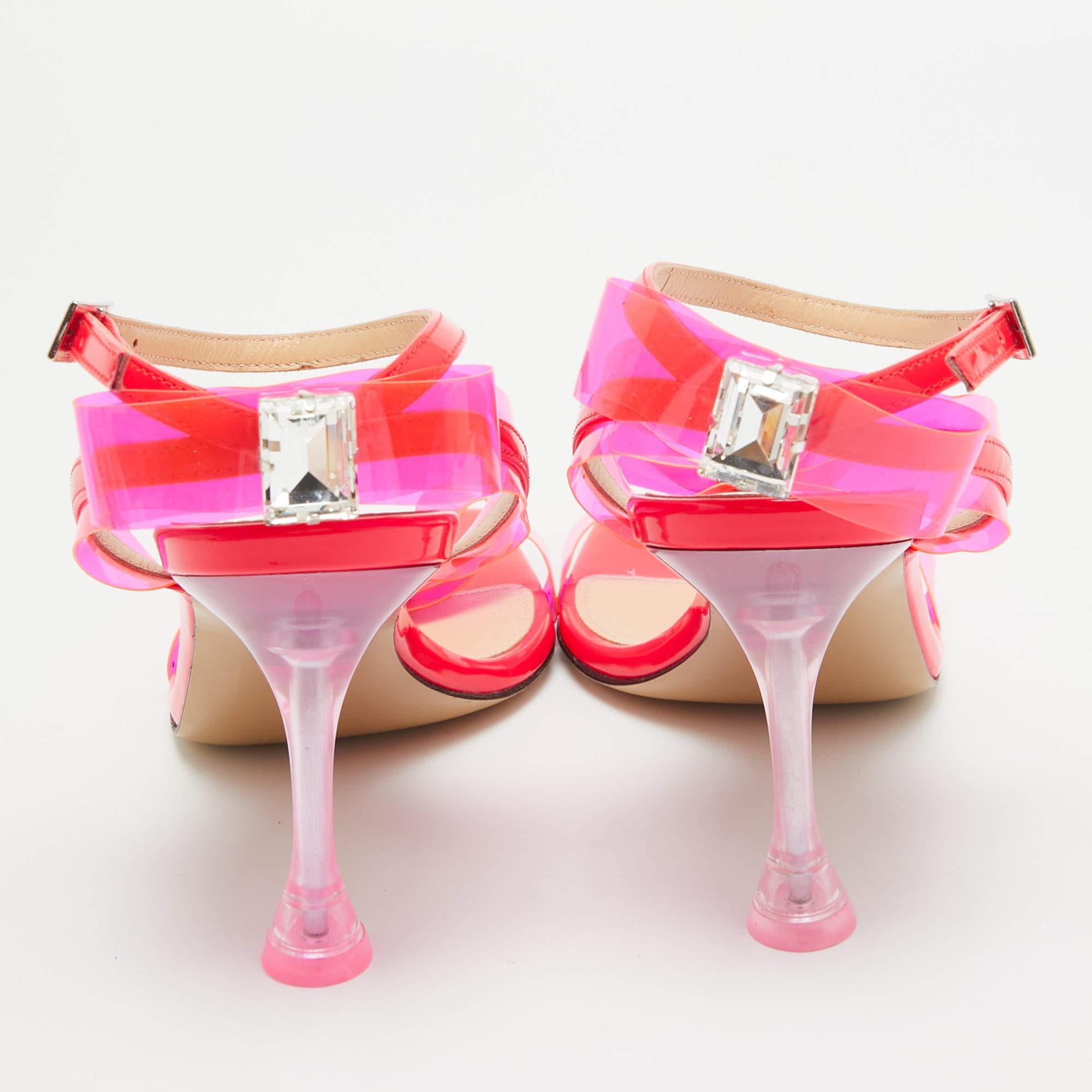 Women's Mach & Mach Neon Pink PVC and Patent Leather French Bow Sandals Size 38 For Sale