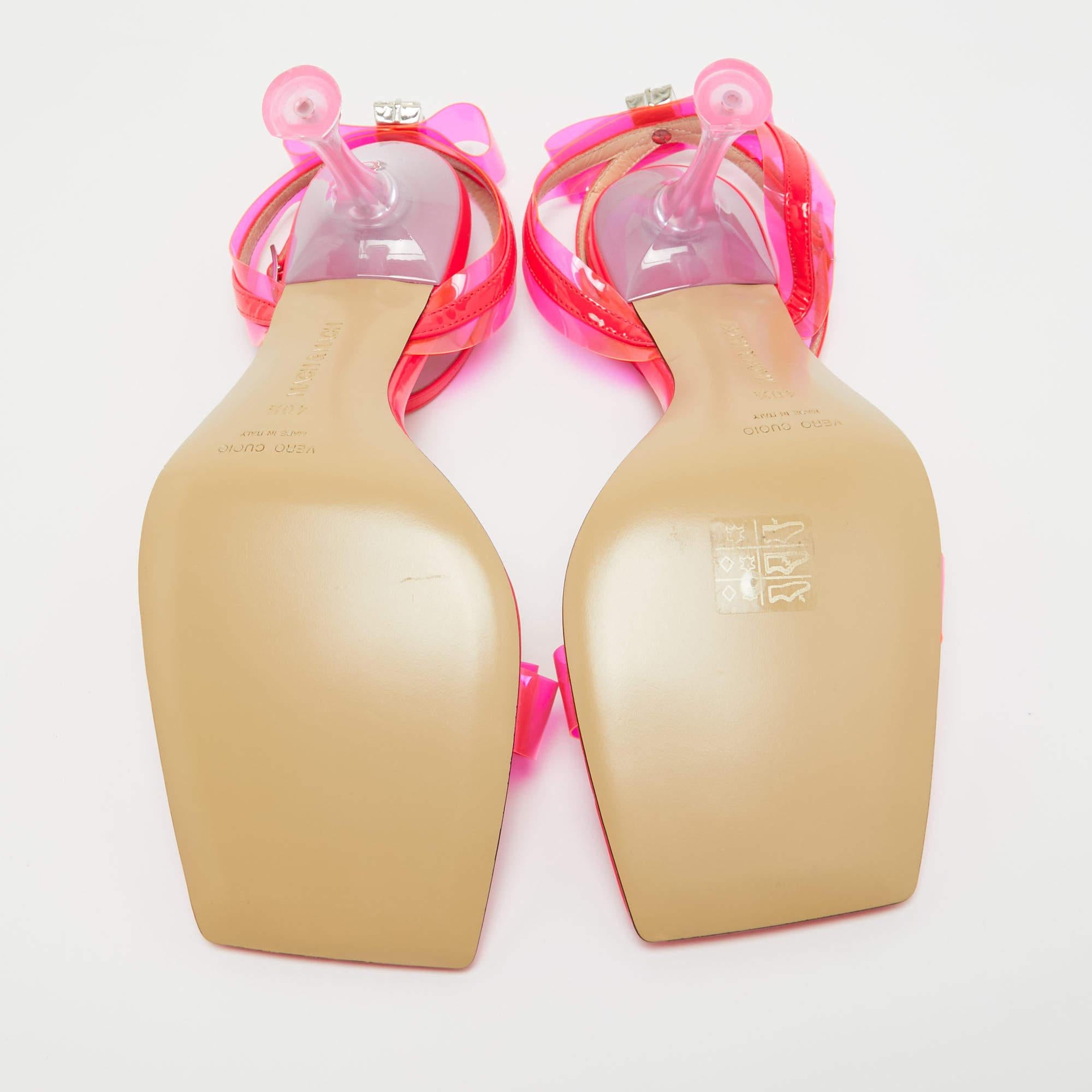 Women's Mach & Mach Neon Pink PVC and Patent Leather French Bow Sandals Size 40.5 For Sale