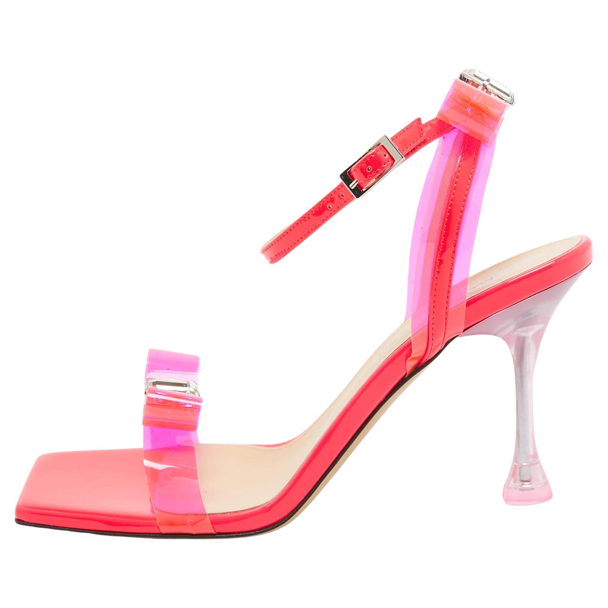 Mach & Mach Neon Pink PVC and Patent Leather French Bow Sandals Size 40.5 For Sale