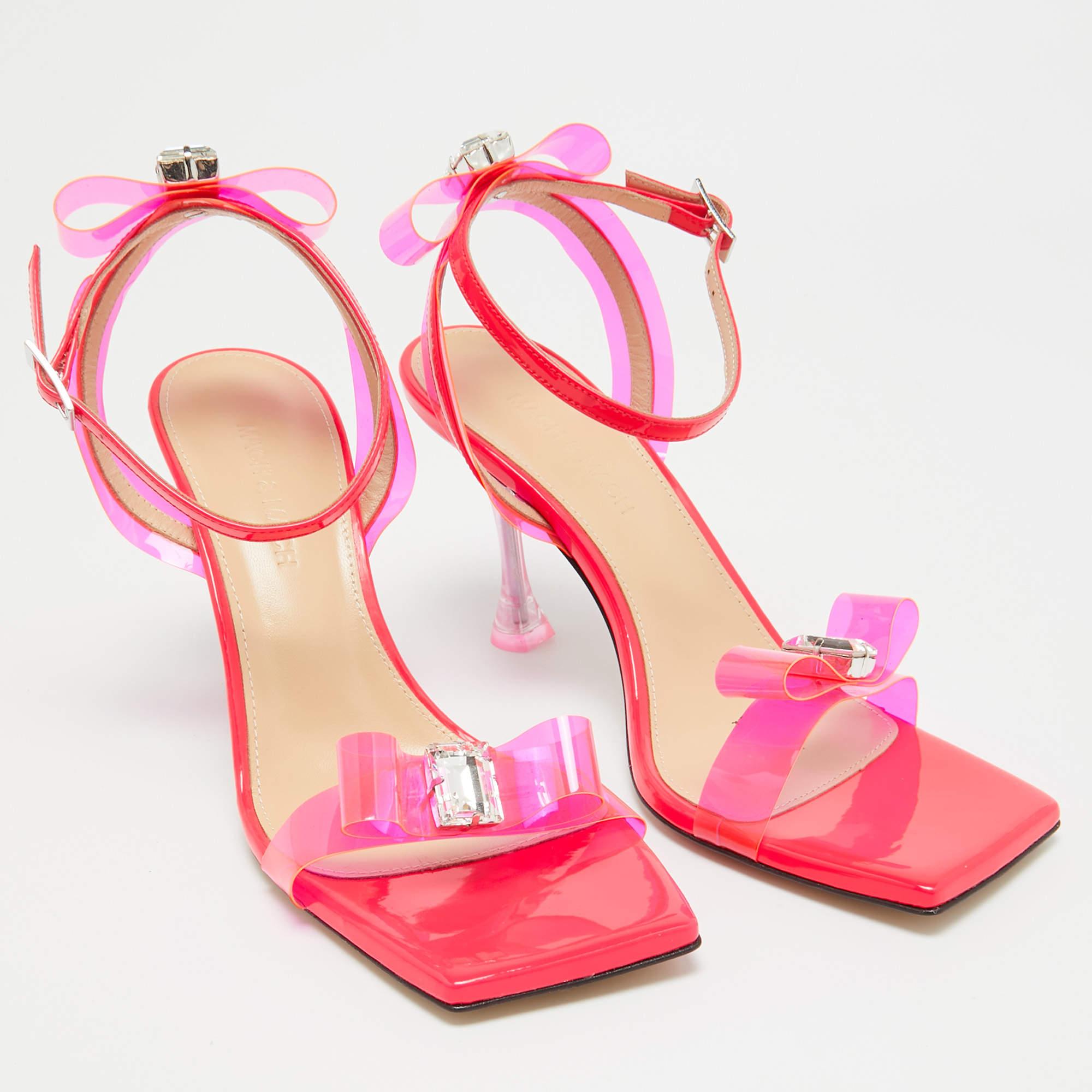 Mach & Mach Neon Pink PVC and Patent Leather French Bow Square Sandals Size 38.5 In New Condition For Sale In Dubai, Al Qouz 2