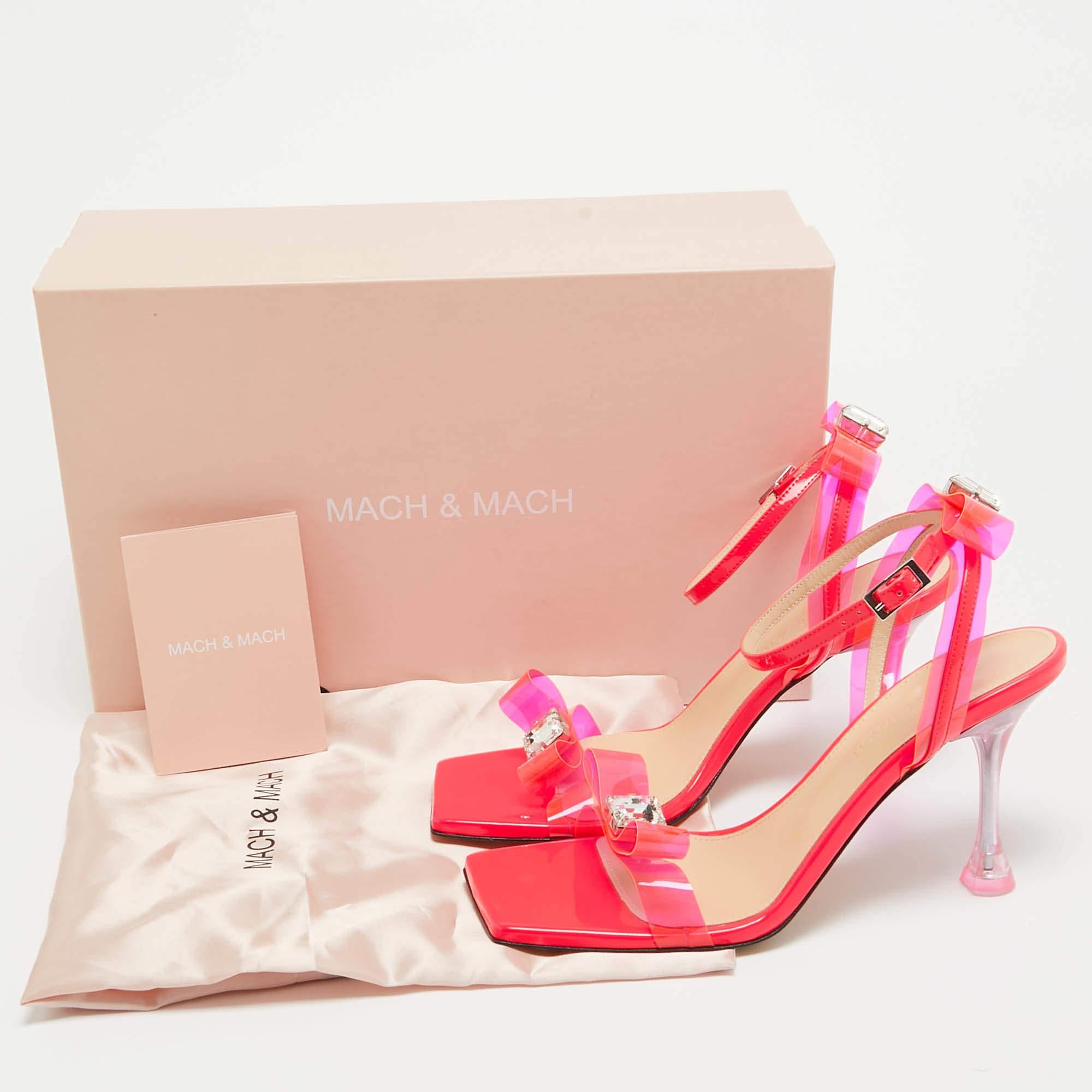 Mach & Mach Neon Pink PVC and Patent Leather French Bow Square Sandals Size 38.5 For Sale 4
