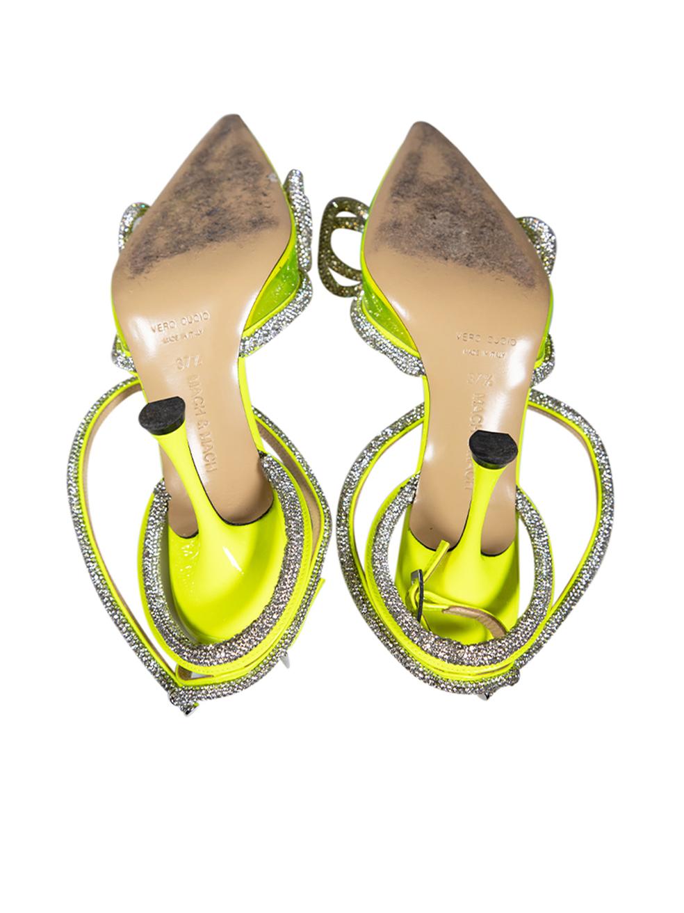 Women's Mach & Mach Neon Yellow PVC Crystal Bow Heels Size IT 37.5 For Sale