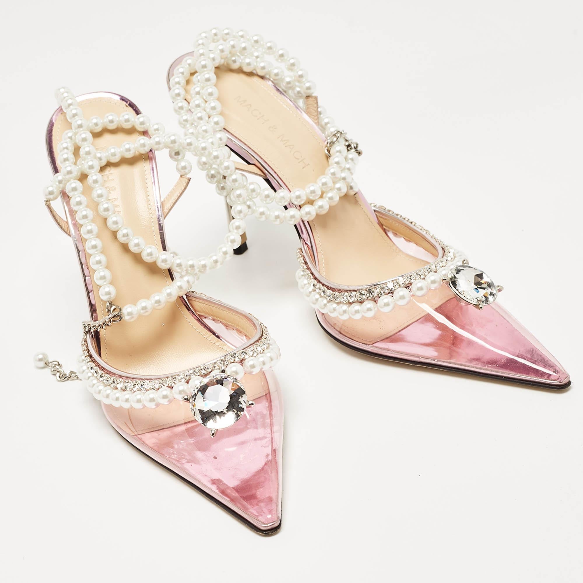 Mach & Mach Pink PVC Crystal and Pearl Embellished Ankle Wrap Pumps Size 38 For Sale 2
