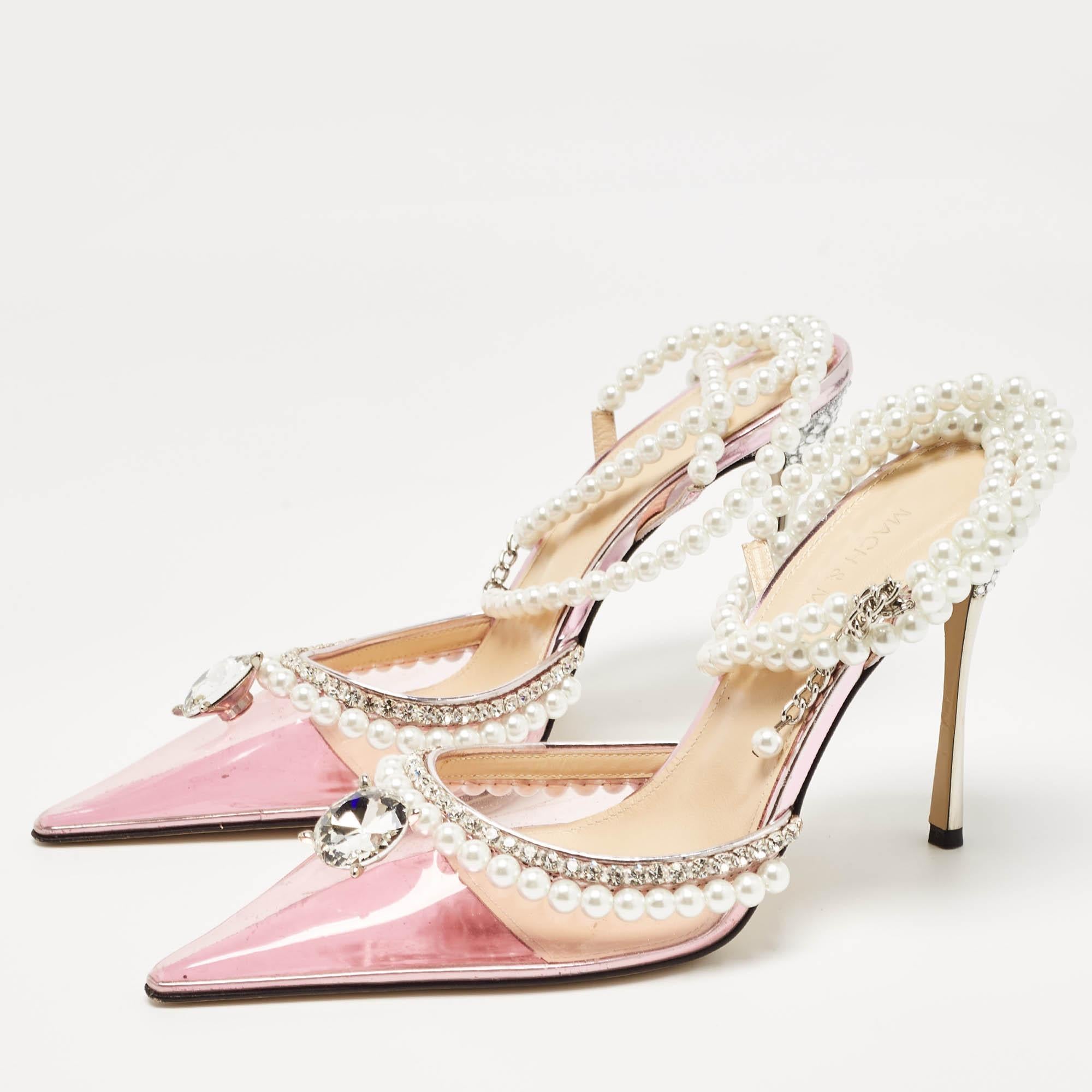 Mach & Mach Pink PVC Crystal and Pearl Embellished Ankle Wrap Pumps Size 38 For Sale 3