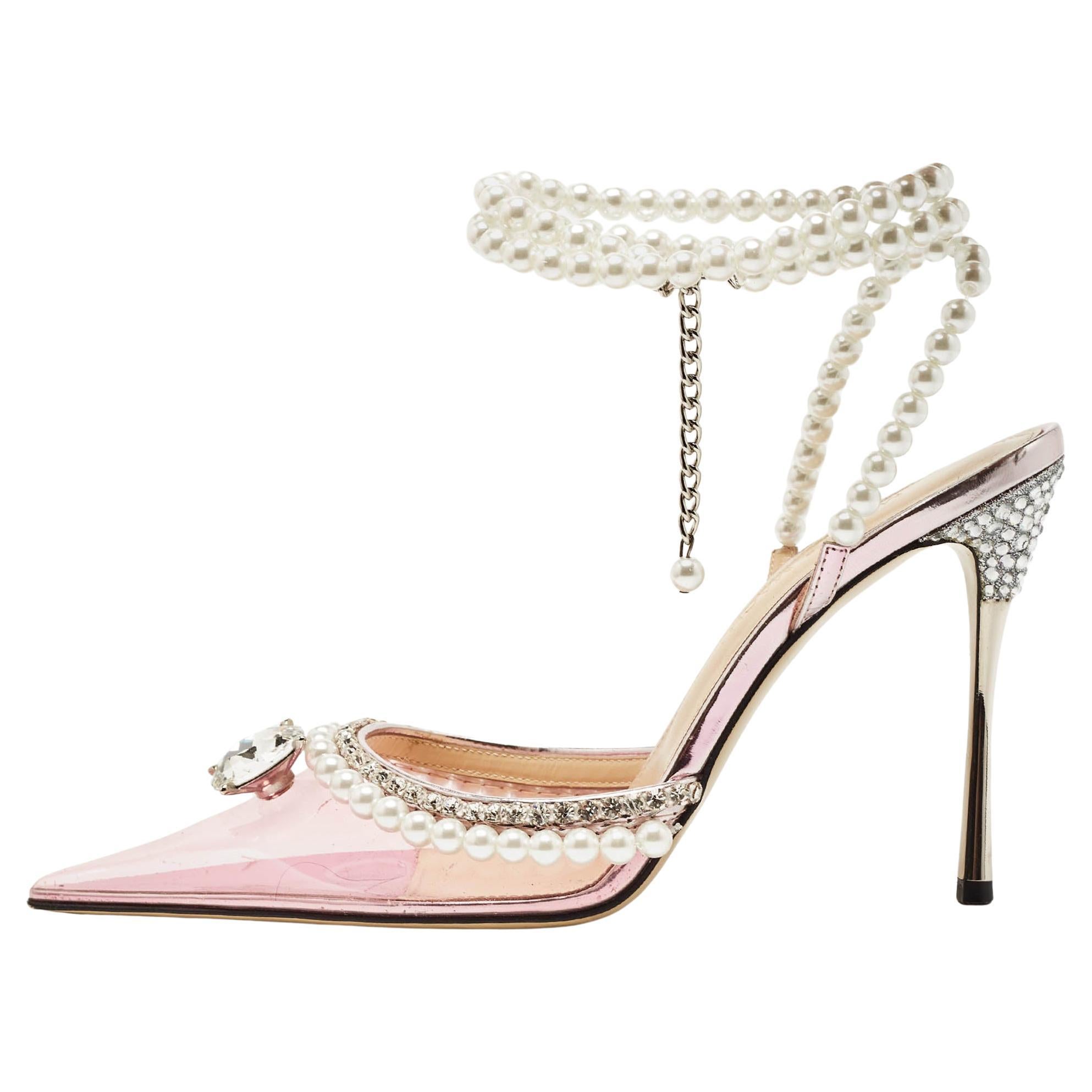 Mach & Mach Pink PVC Crystal and Pearl Embellished Ankle Wrap Pumps Size 38 For Sale
