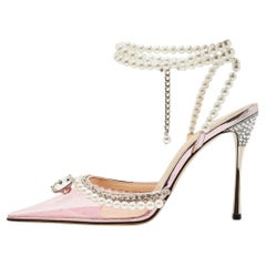 Mach & Mach Pink PVC Crystal and Pearl Embellished Ankle Wrap Pumps Size 38