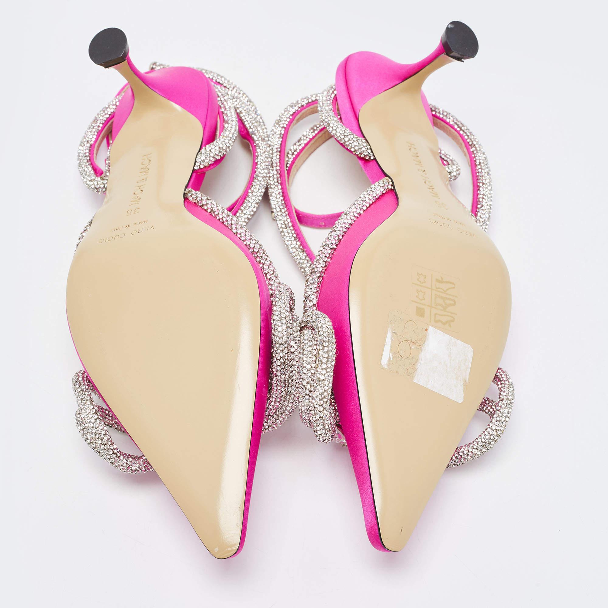 Mach & Mach Pink Satin Crystal Bow Ankle Strap Sandals Size 35 In Good Condition In Dubai, Al Qouz 2
