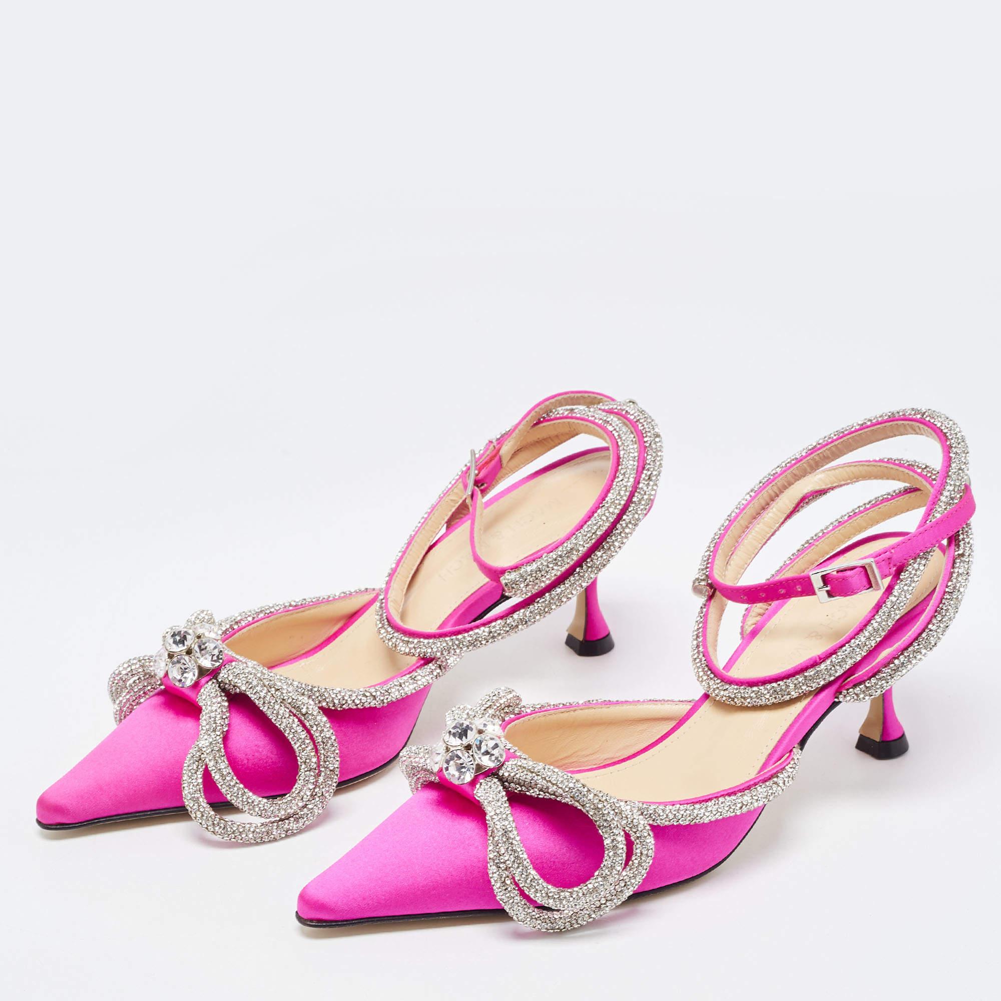 Mach & Mach Pink Satin Crystal Bow Ankle Strap Sandals Size 35 2