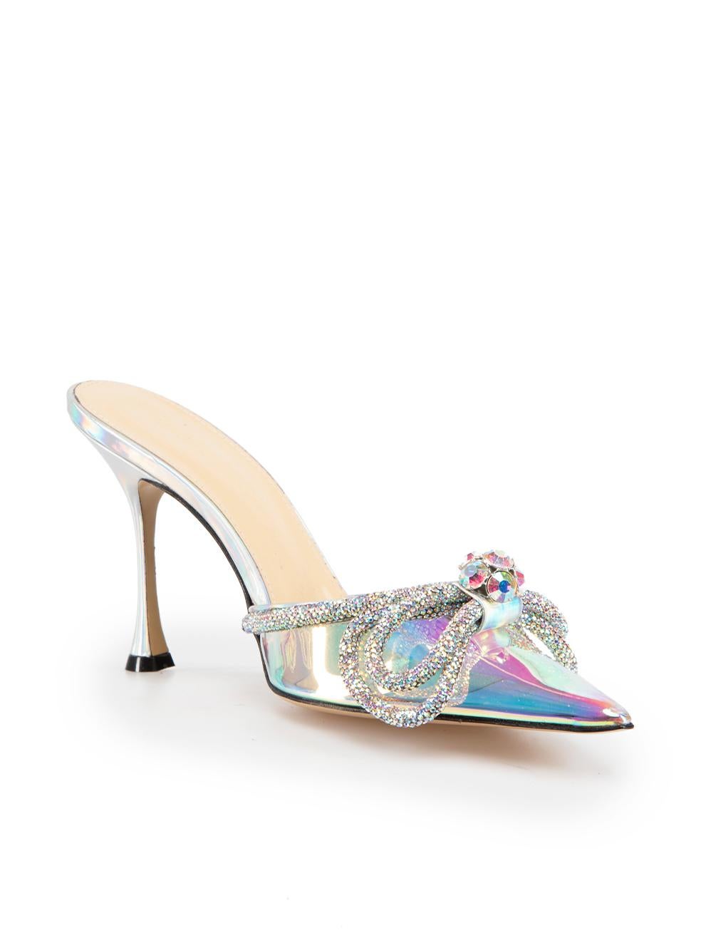 CONDITION is Never worn. No visible wear to shoes is evident on this new Mach & Mach designer resale item.

Details
Silver iridescent
PVC
Mules
Point toe
High heeled
Crystal embellished
Bow detail
Made in Italy

Composition
EXTERIOR: PVC
INTERIOR: