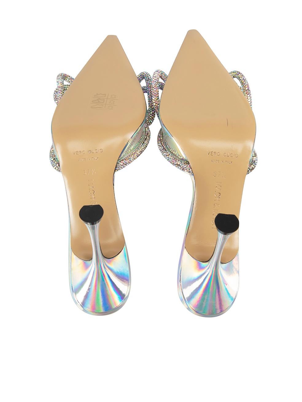 Women's Mach & Mach Silver Iridescent Bow Embellished Mules Size IT 37.5