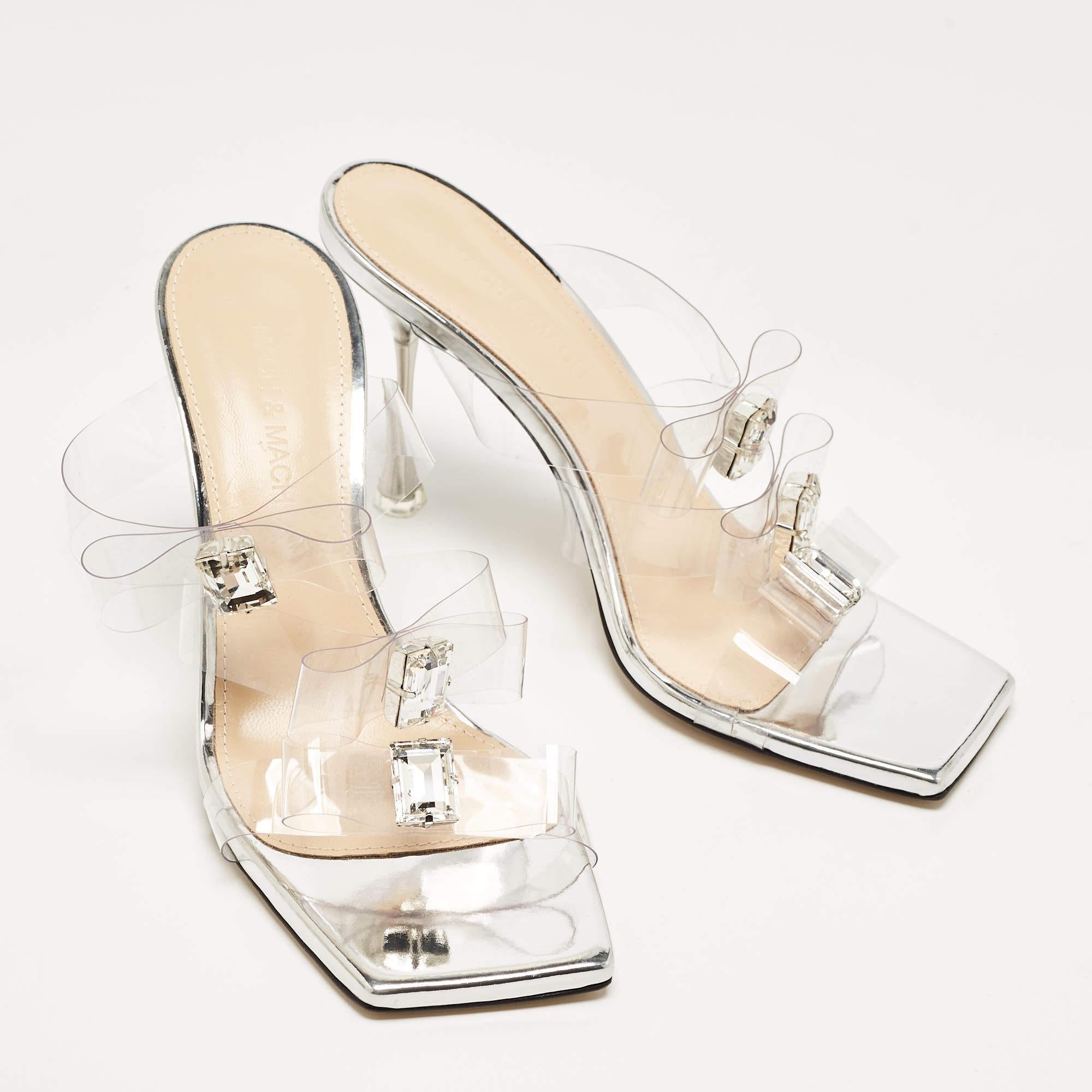 Beige Mach & Mach Silver PVC and Patent Leather French Triple Bow Sandals Size 36.5 For Sale
