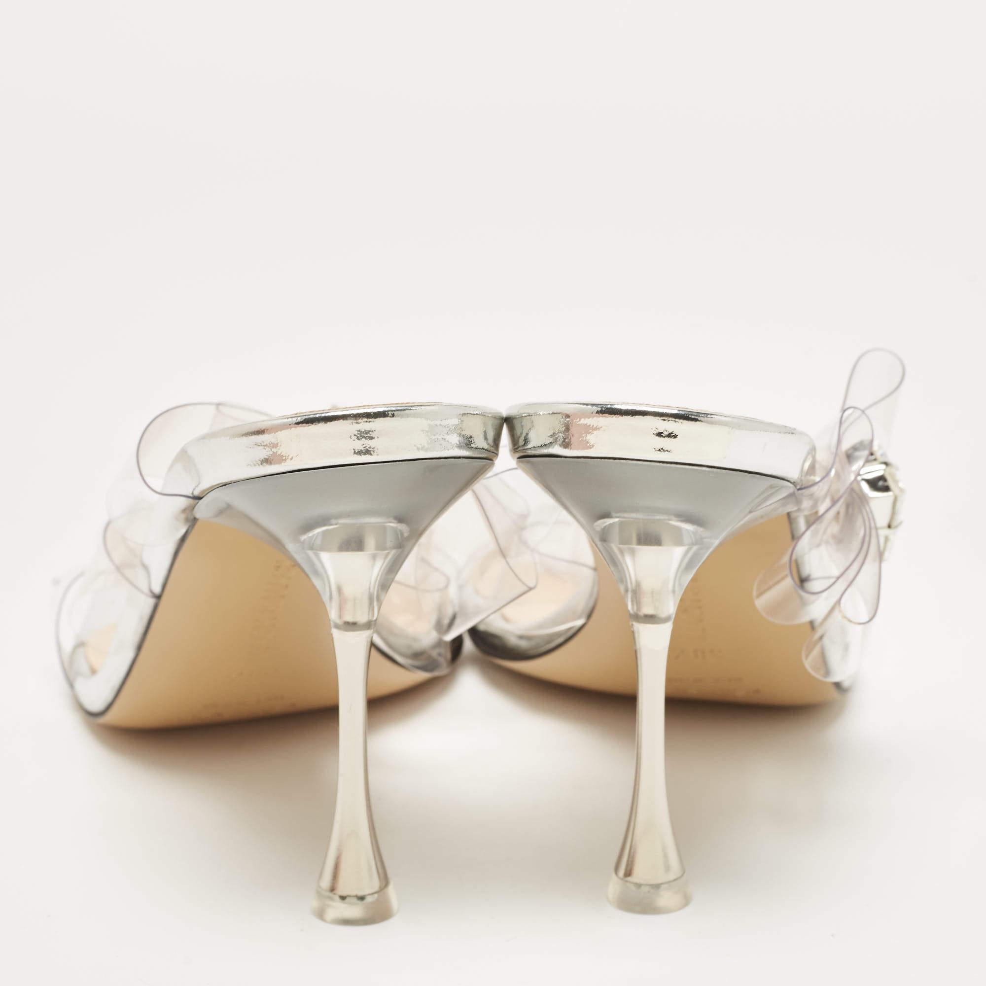 Women's Mach & Mach Silver PVC and Patent Leather French Triple Bow Sandals Size 36.5 For Sale