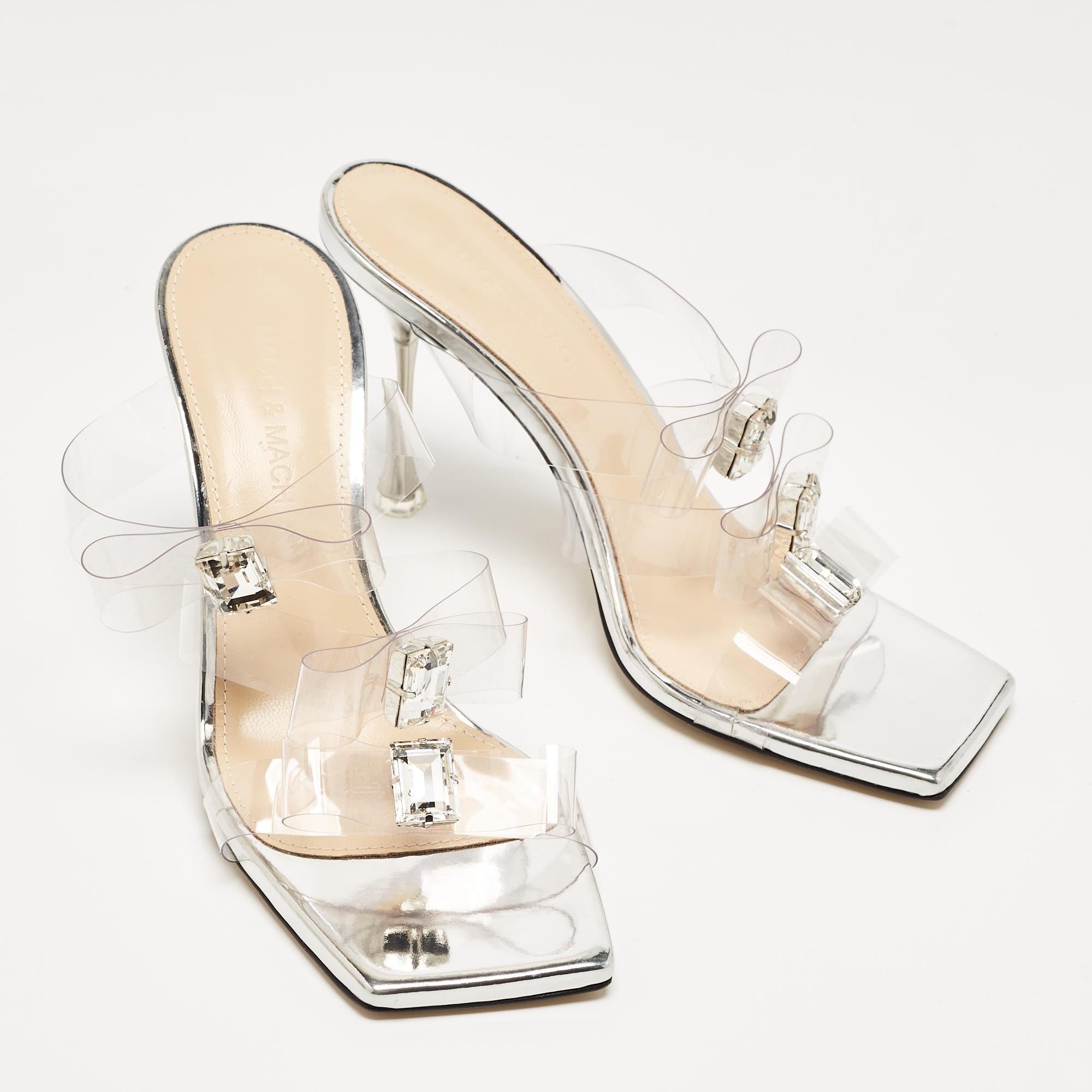 Mach & Mach Silver PVC and Patent Leather French Triple Bow Sandals Size 36.5 For Sale 1