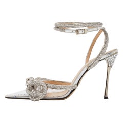Mach & Mach Silver PVC Crystal Embellished Double Bow Ankle Wrap Pumps Size 38