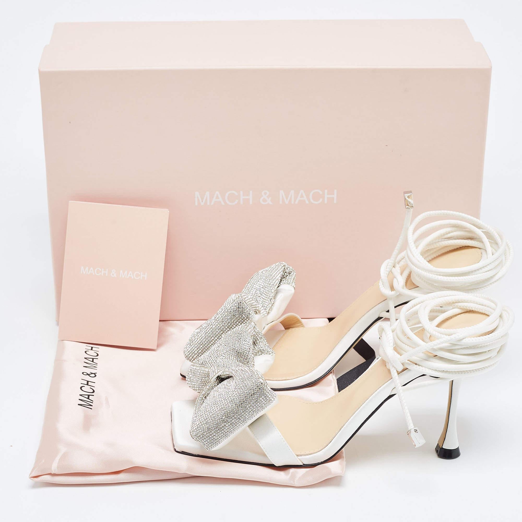Mach & Mach White Satin Crystal Embellished Bow Ankle Wrap Sandals Size 38 2