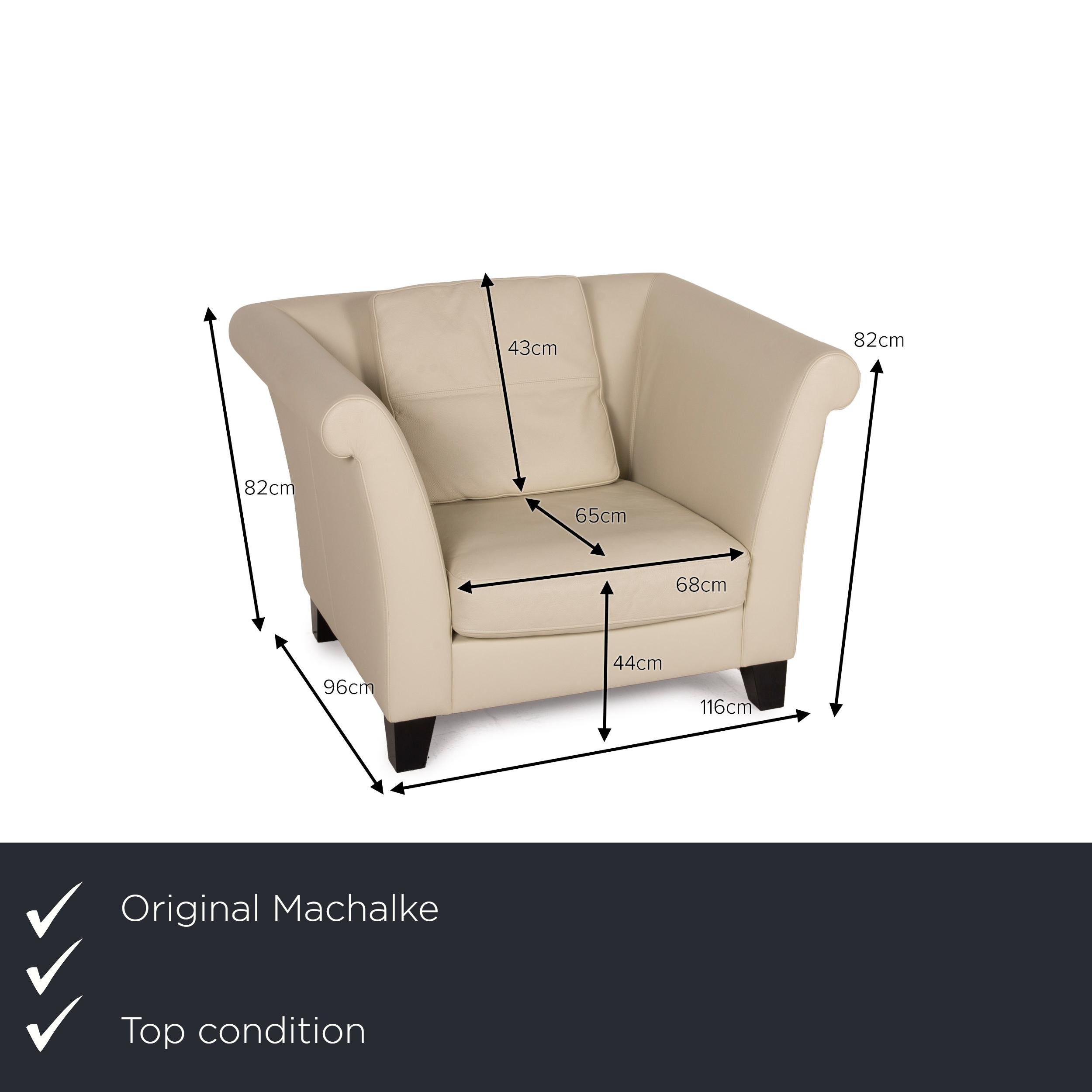 We present to you a Machalke leather armchair cream.

Product measurements in centimeters:

Depth 98
Width 116
Height 82
Seat height 44
Rest height 82
Seat depth 65
Seat width 68
Back height 43.
 
  
 
  