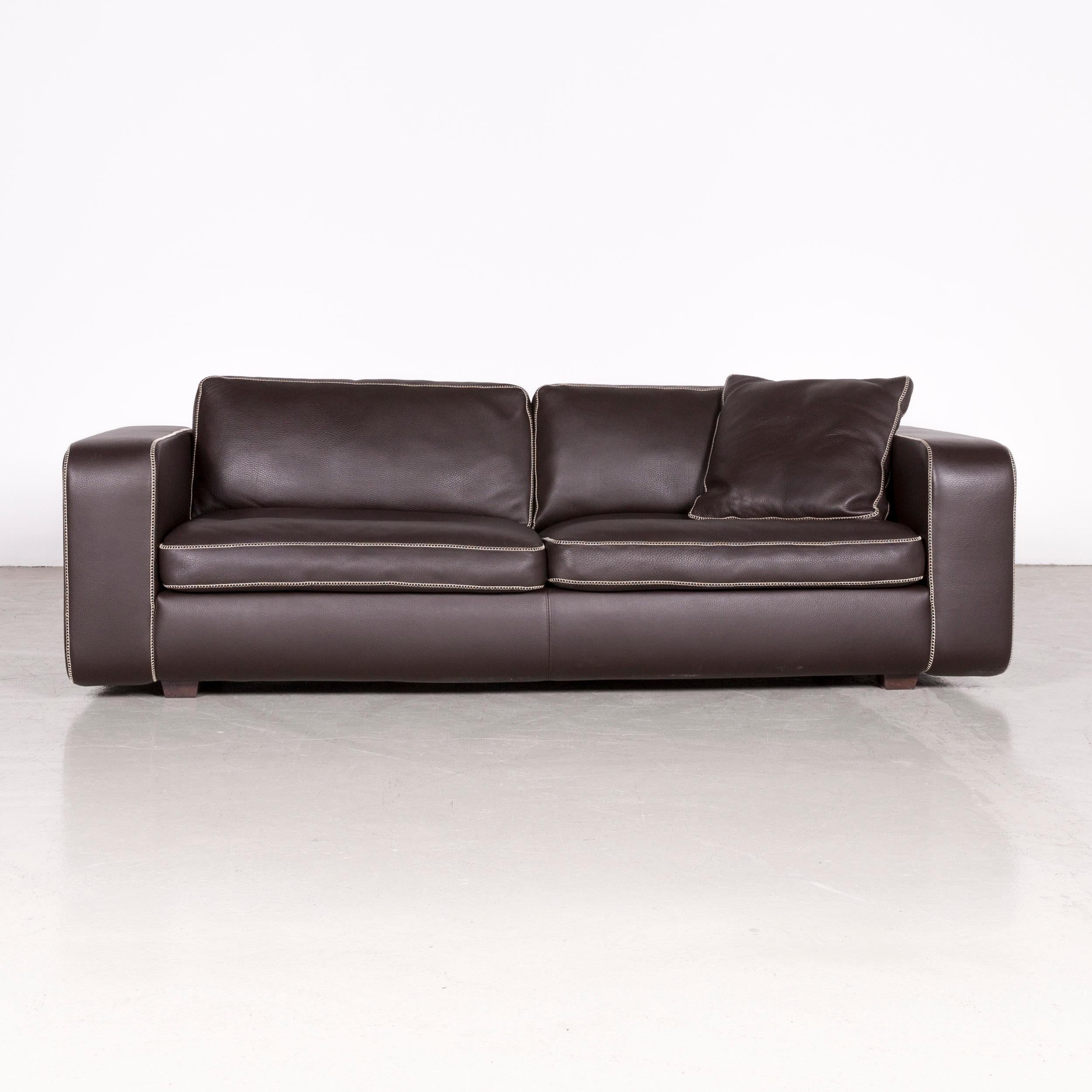 Machalke Valentino designer leather sofa footstool set brown three-seat couch.