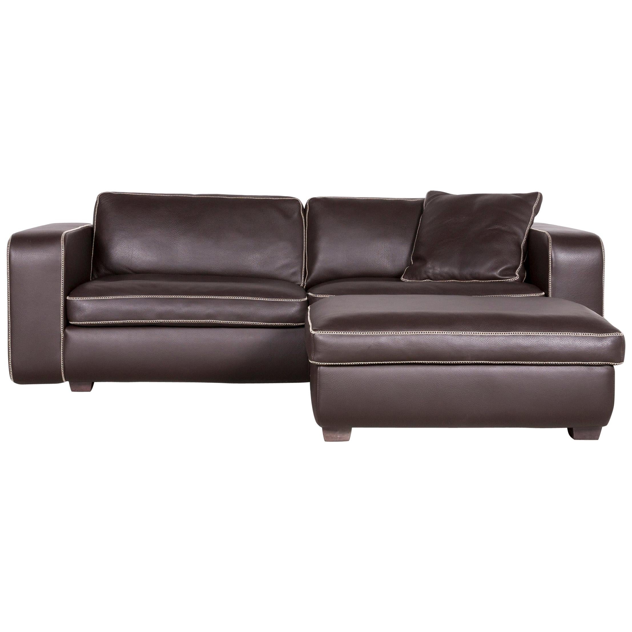 Machalke Valentino Designer Leather Sofa Footstool Set Brown Three-Seat Couch For Sale