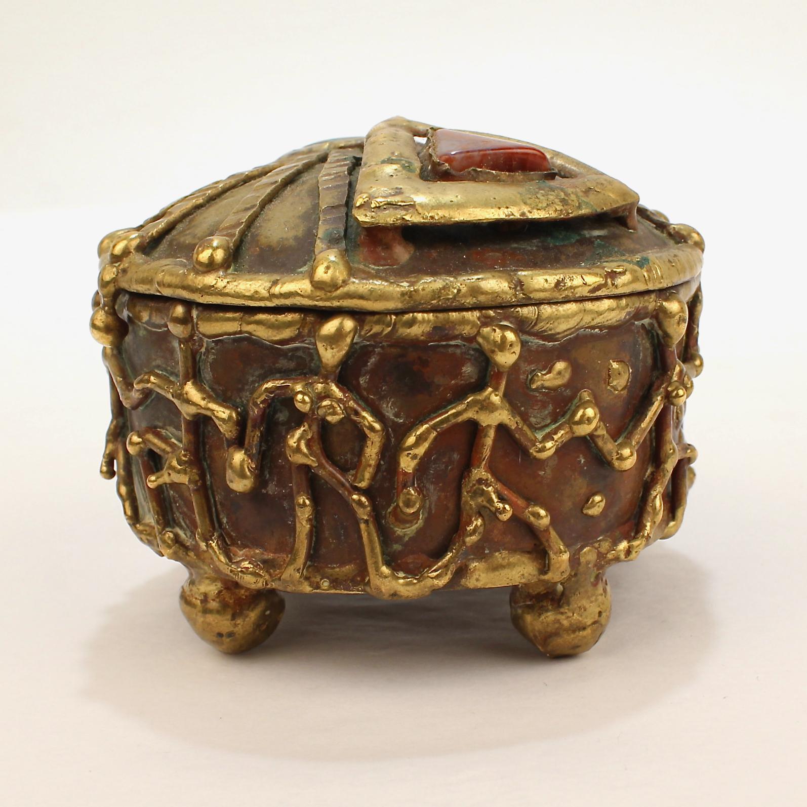 Maches Mexican Brutalist Bronze Dresser Box with Gemstones & Nude Dancing Figure For Sale 5