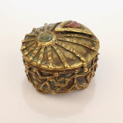 Maches Mexican Brutalist Bronze Dresser Box with Gemstones & Nude Dancing Figure