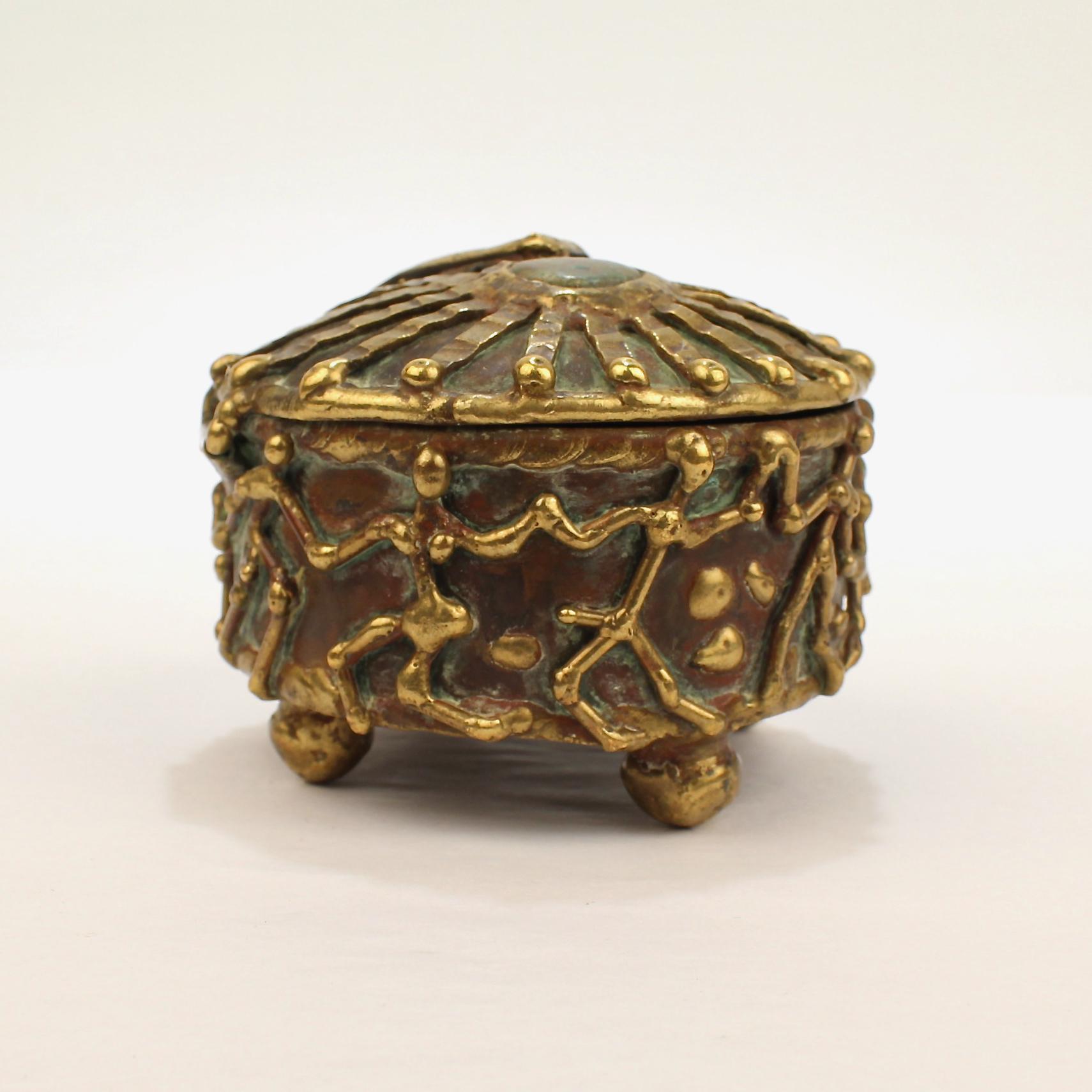 Maches Mexican Brutalist Bronze Dresser Box with Gemstones & Nude Dancing Figure In Good Condition For Sale In Philadelphia, PA