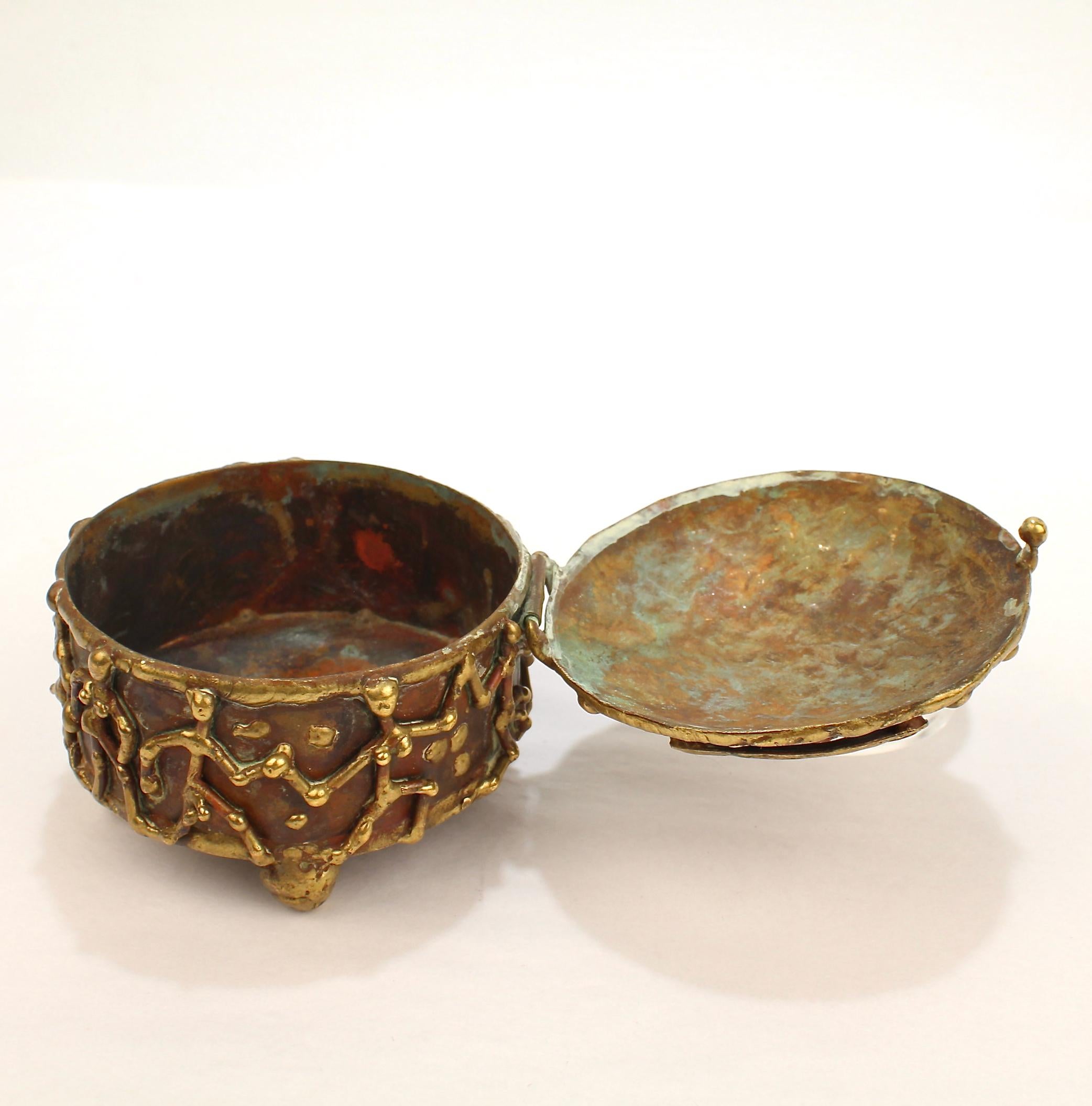 Maches Mexican Brutalist Bronze Dresser Box with Gemstones & Nude Dancing Figure For Sale 1
