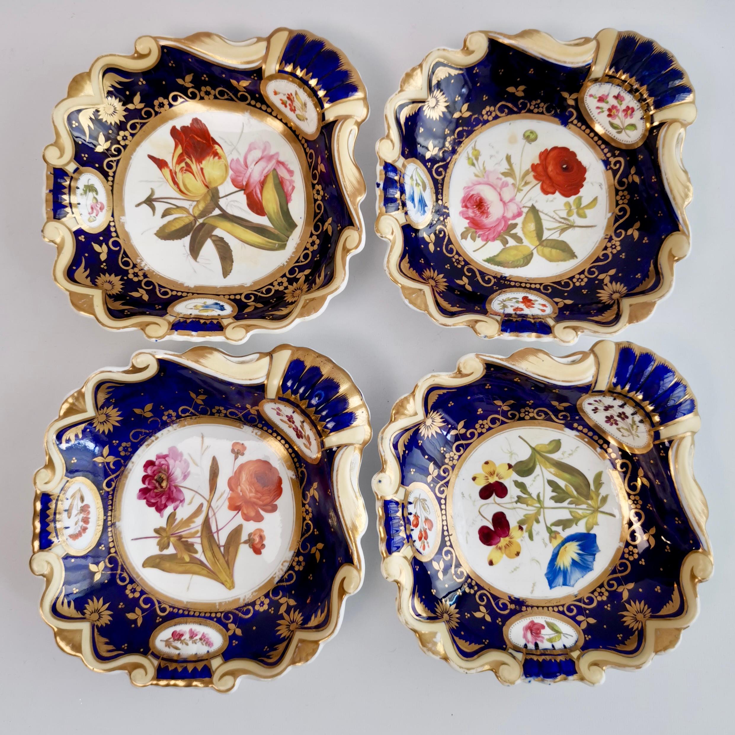 English Machin Dessert Service, Moustache Shape, Cobalt Blue with Flowers, ca 1825