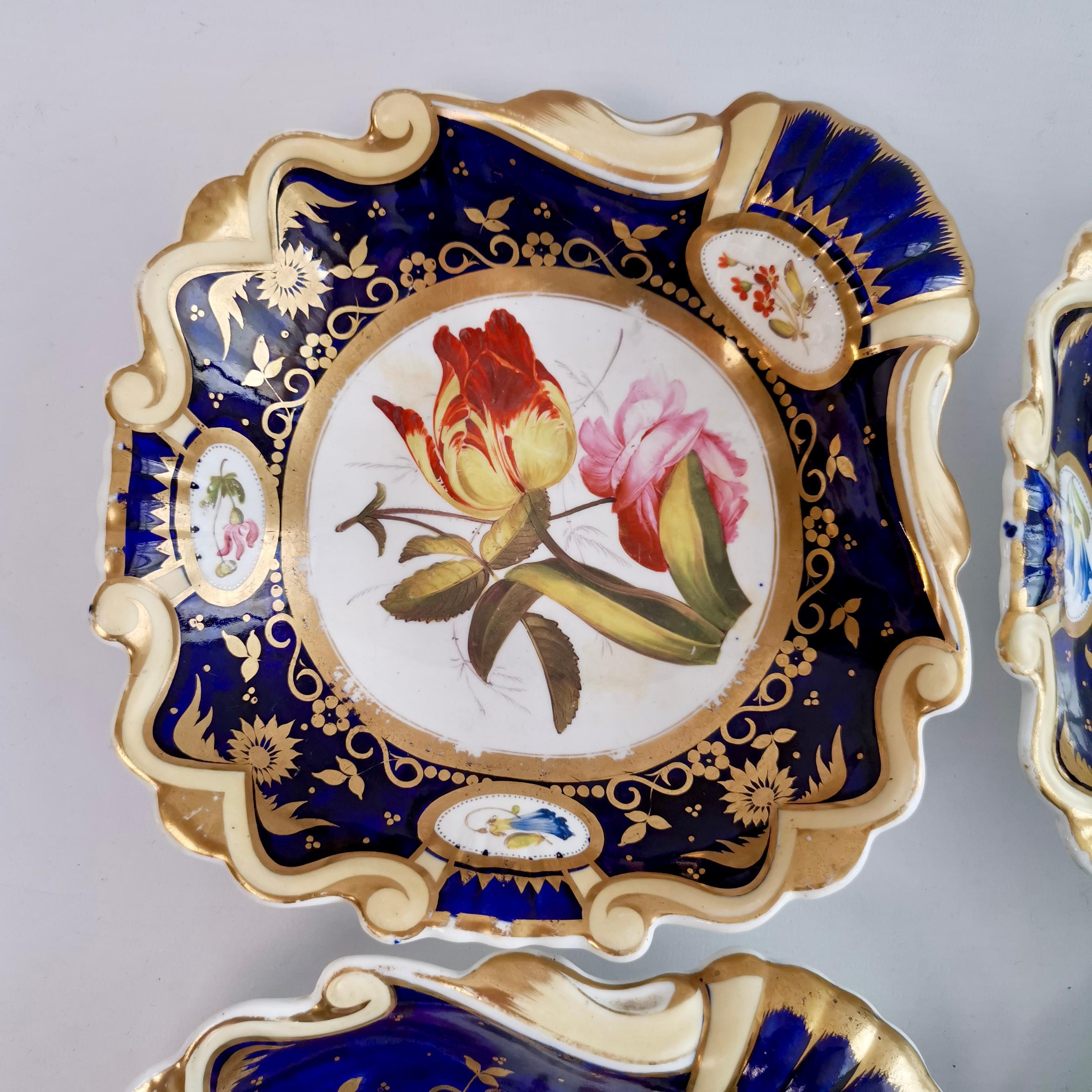 Machin Dessert Service, Moustache Shape, Cobalt Blue with Flowers, ca 1825 In Good Condition In London, GB