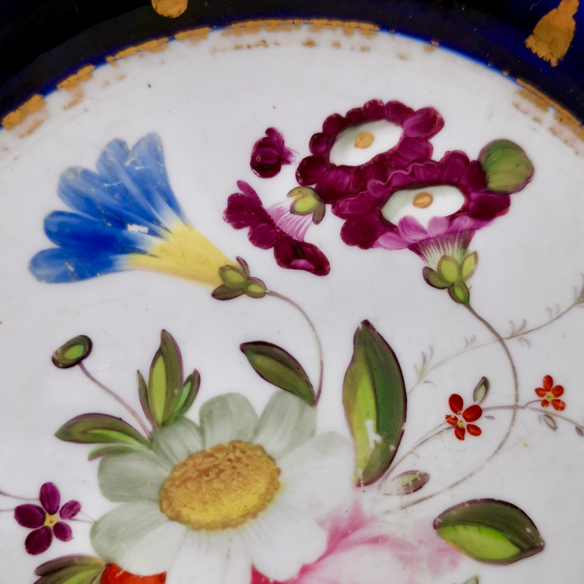 Hand-Painted Machin Moustache Plate, Flowers on Cobalt Blue, Regency, circa 1825