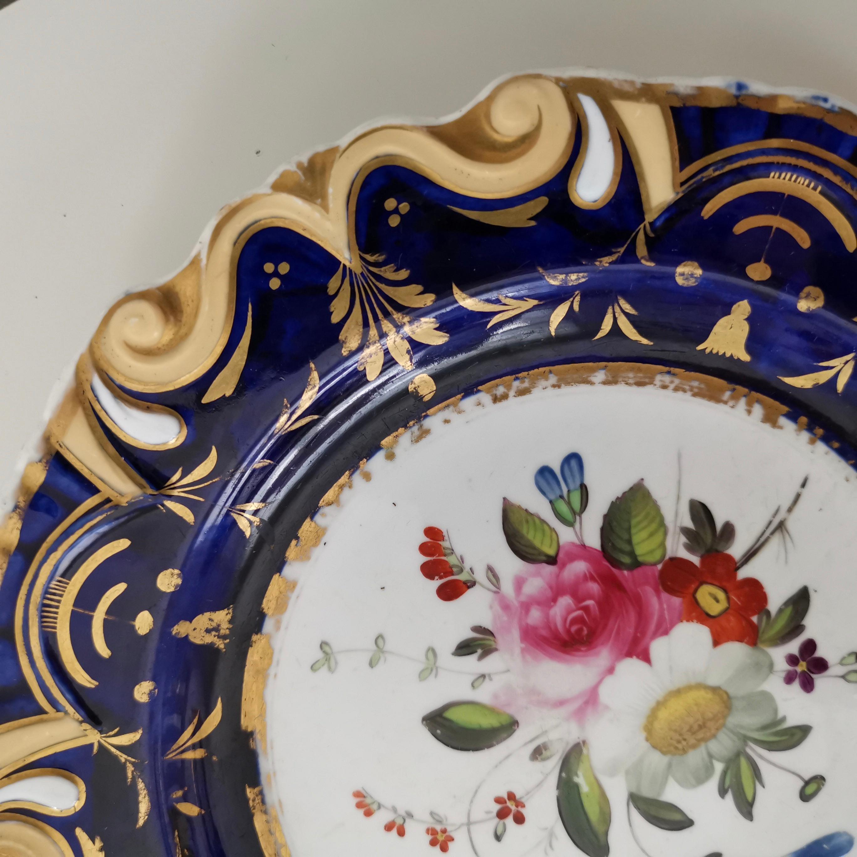 Machin Moustache Plate, Flowers on Cobalt Blue, Regency, circa 1825 In Good Condition In London, GB