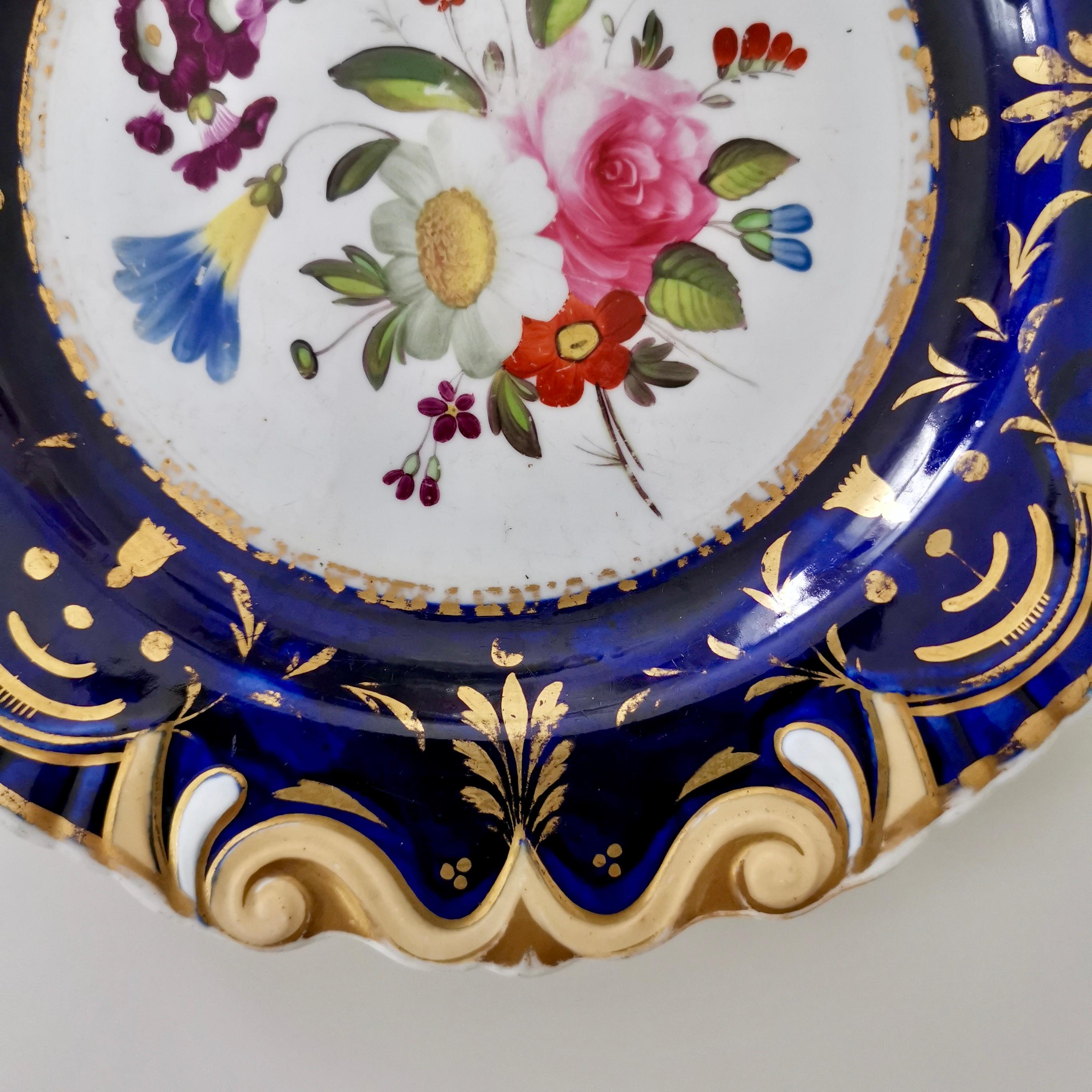 Early 19th Century Machin Moustache Plate, Flowers on Cobalt Blue, Regency, circa 1825