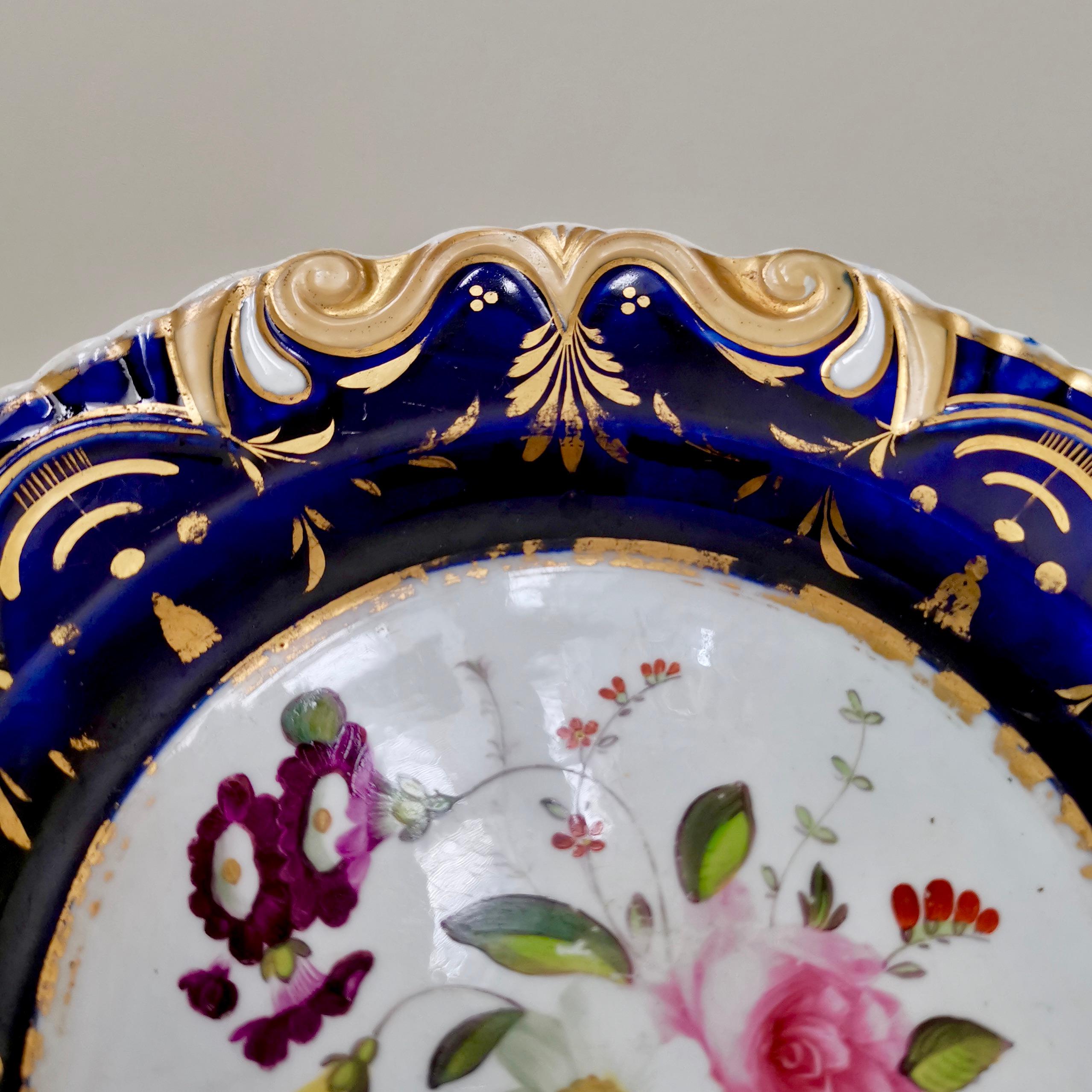 Porcelain Machin Moustache Plate, Flowers on Cobalt Blue, Regency, circa 1825