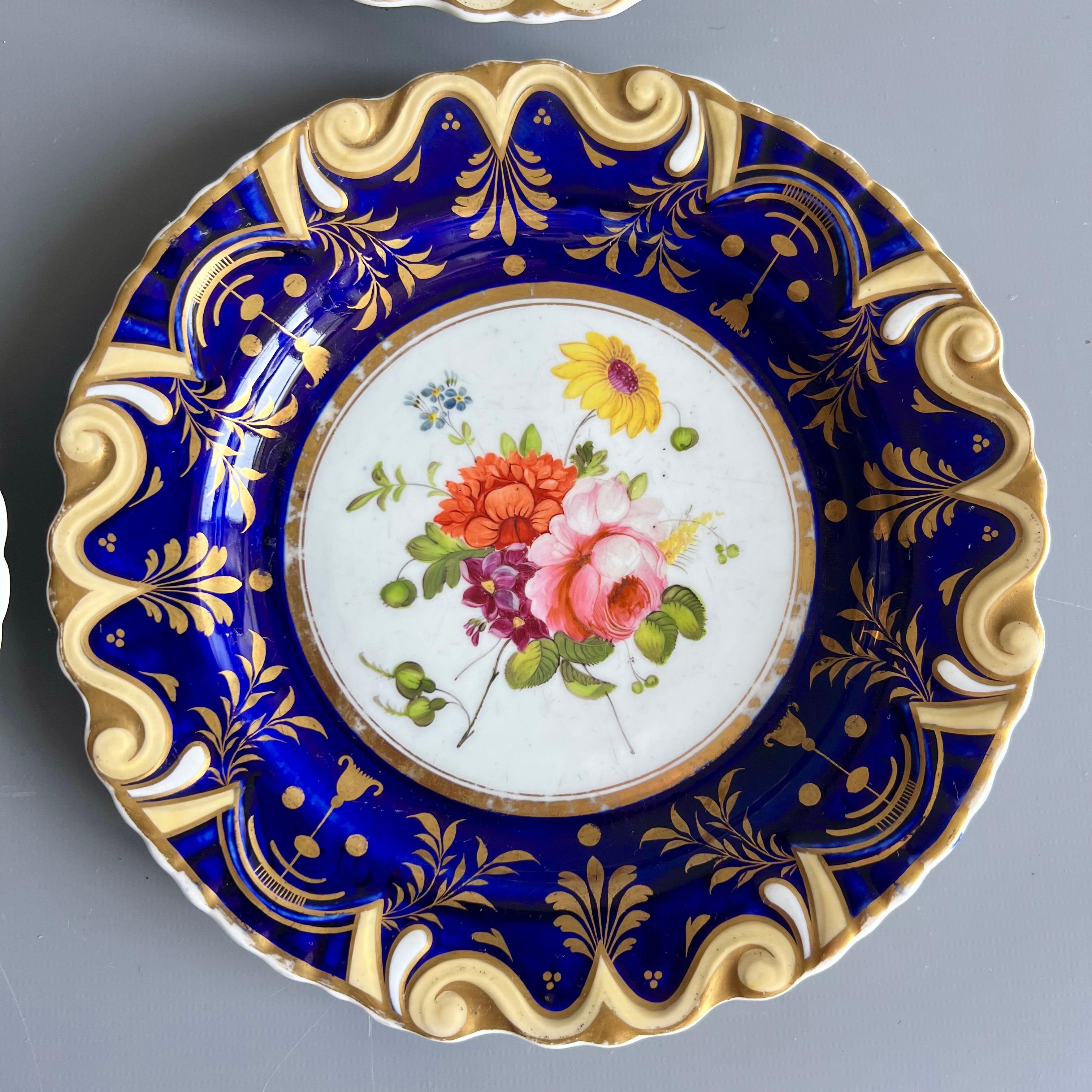 Machin Part Dessert Service, Moustache Shape, Cobalt Blue and Flowers, ca 1825 For Sale 2