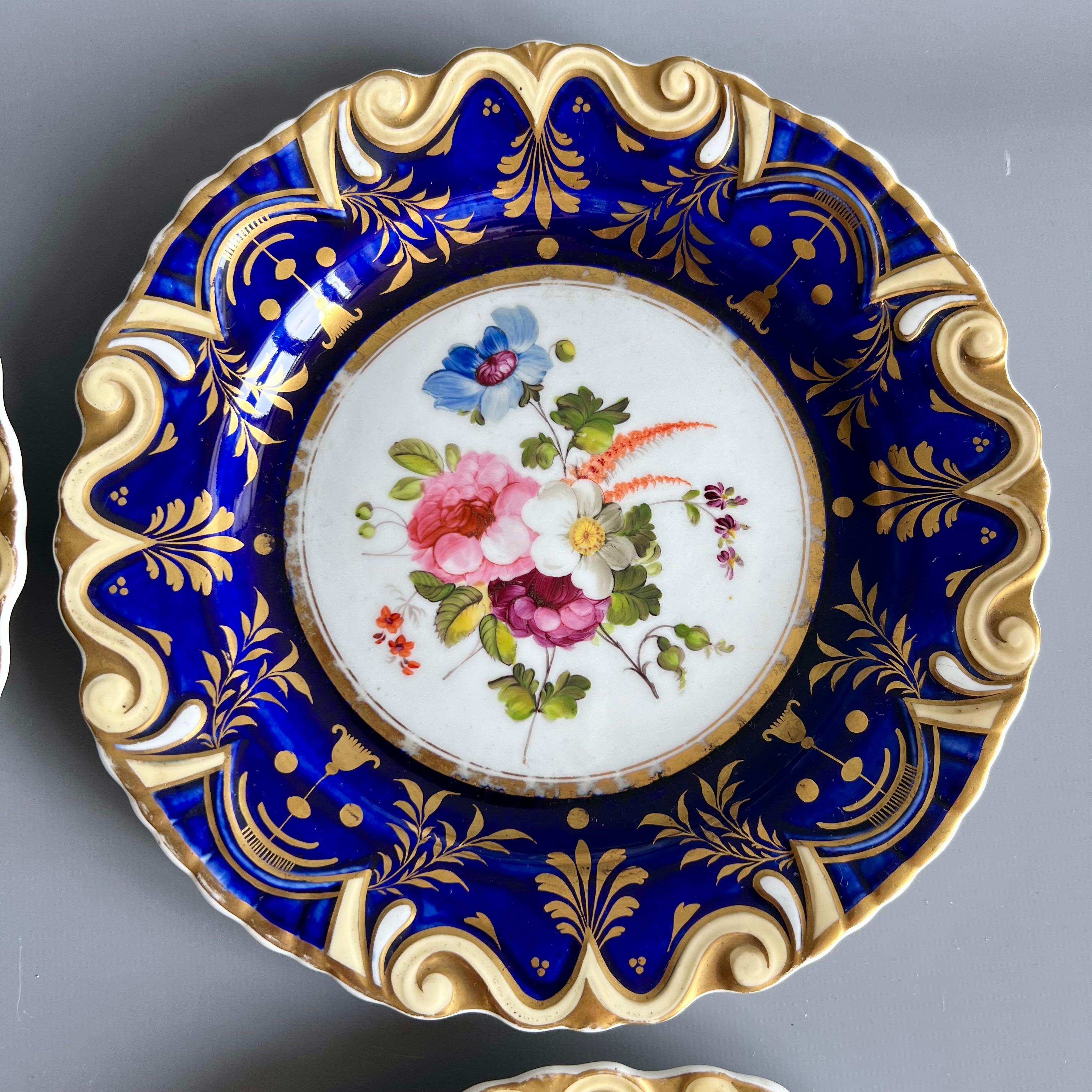 Machin Part Dessert Service, Moustache Shape, Cobalt Blue and Flowers, ca 1825 For Sale 3