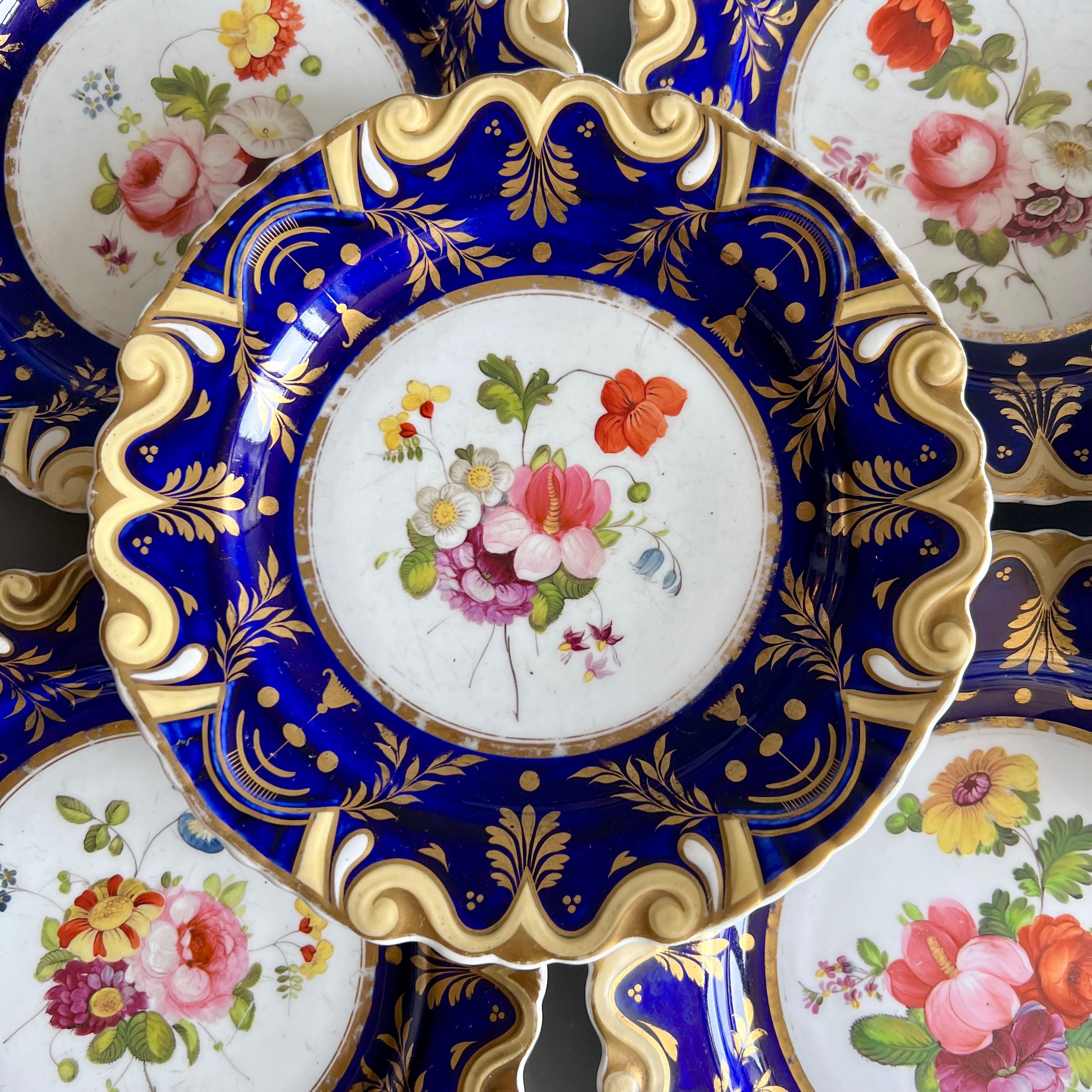 Regency Machin Part Dessert Service, Moustache Shape, Cobalt Blue and Flowers, ca 1825 For Sale