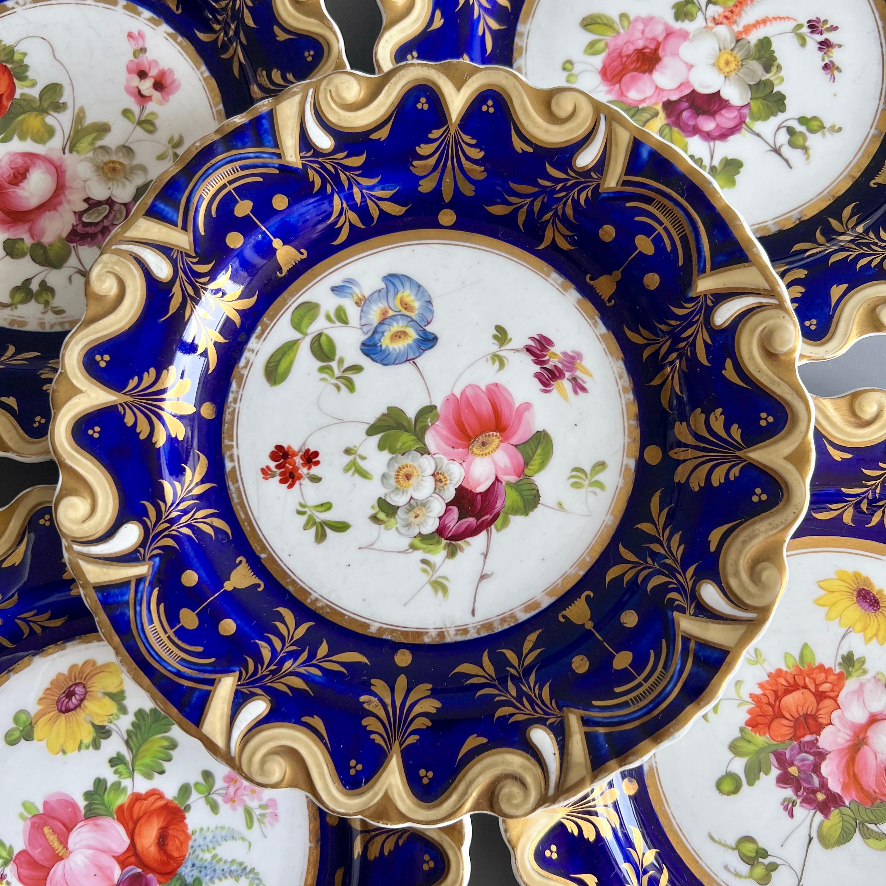 English Machin Part Dessert Service, Moustache Shape, Cobalt Blue and Flowers, ca 1825 For Sale