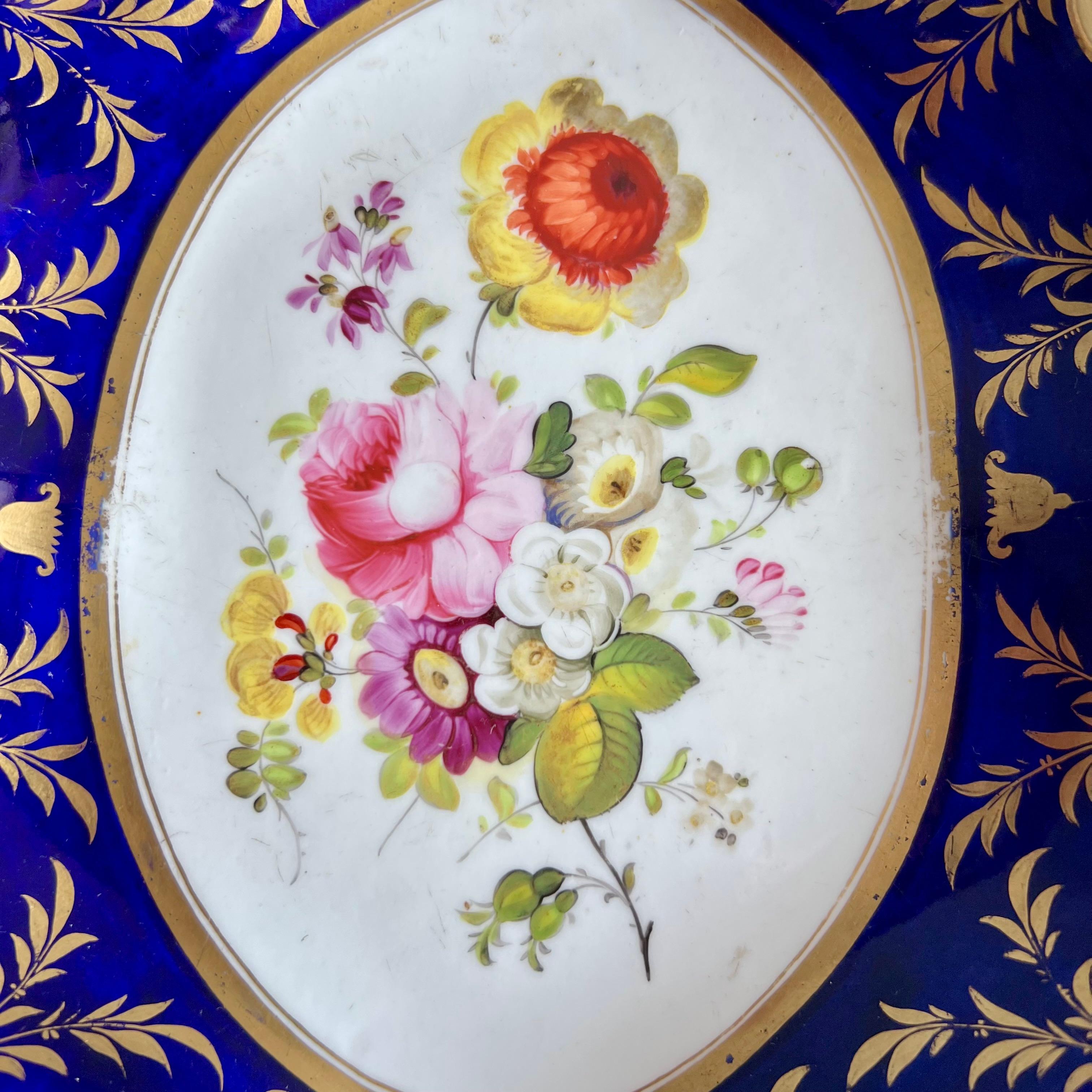 Hand-Painted Machin Part Dessert Service, Moustache Shape, Cobalt Blue and Flowers, ca 1825 For Sale