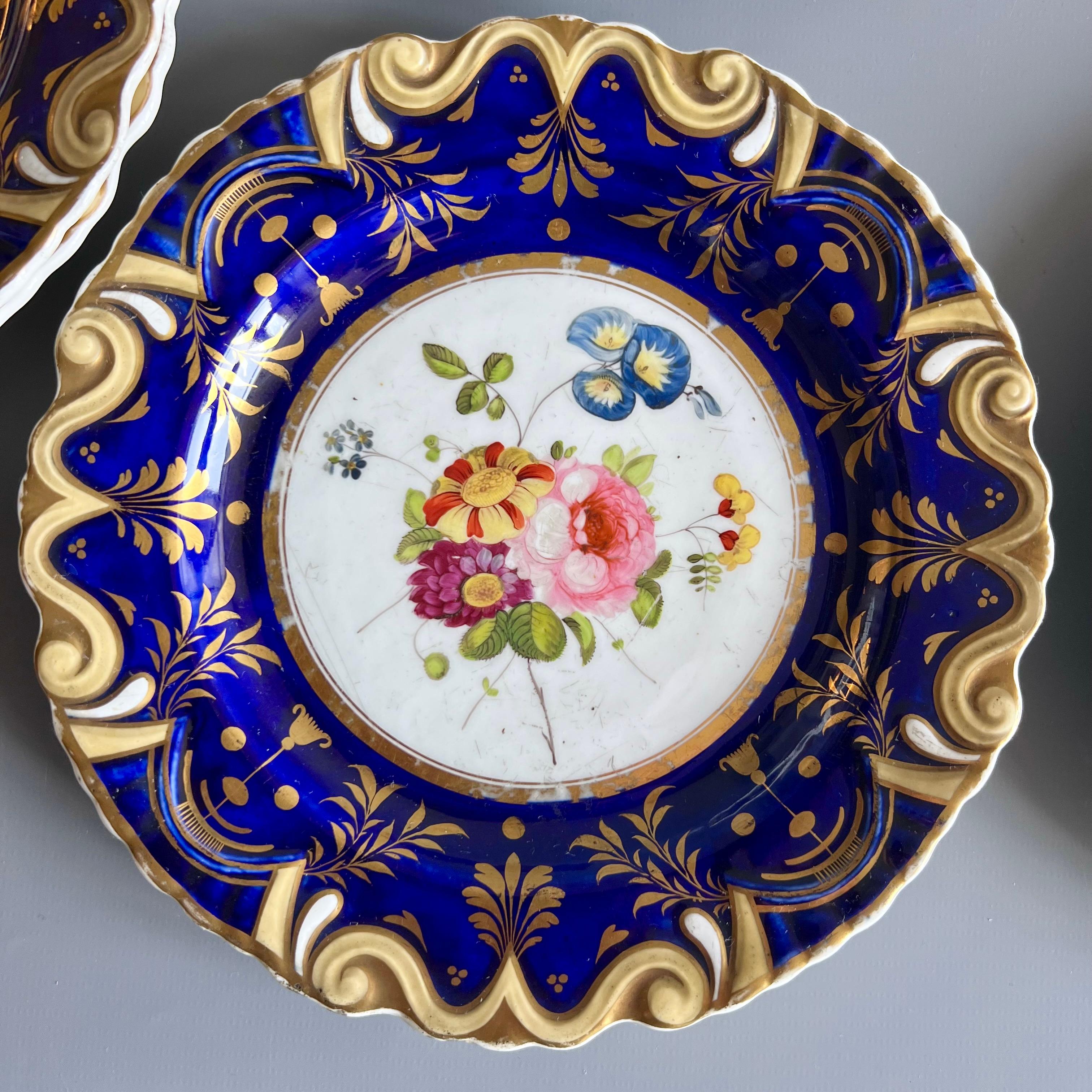 Machin Part Dessert Service, Moustache Shape, Cobalt Blue and Flowers, ca 1825 In Good Condition For Sale In London, GB