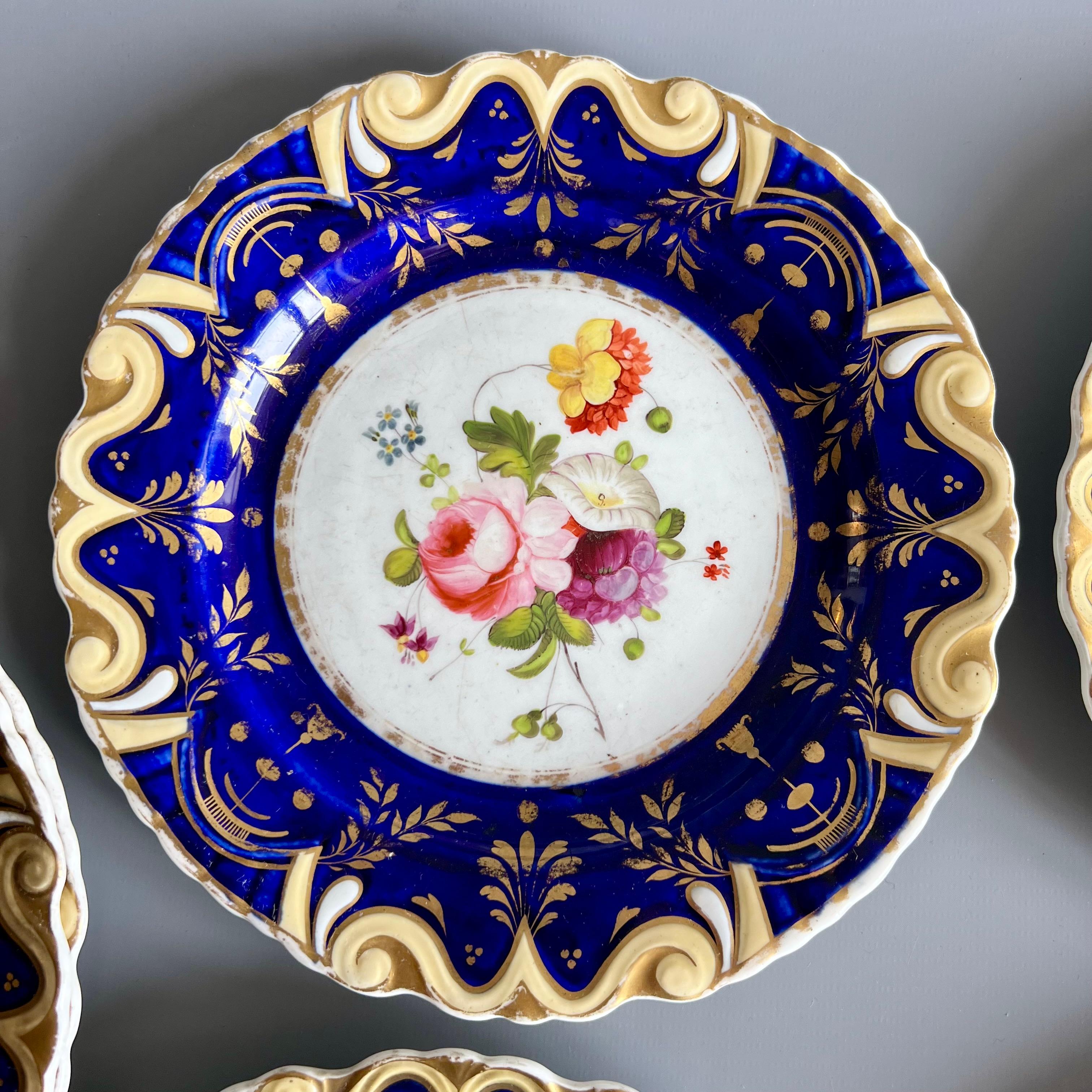 Early 19th Century Machin Part Dessert Service, Moustache Shape, Cobalt Blue and Flowers, ca 1825 For Sale