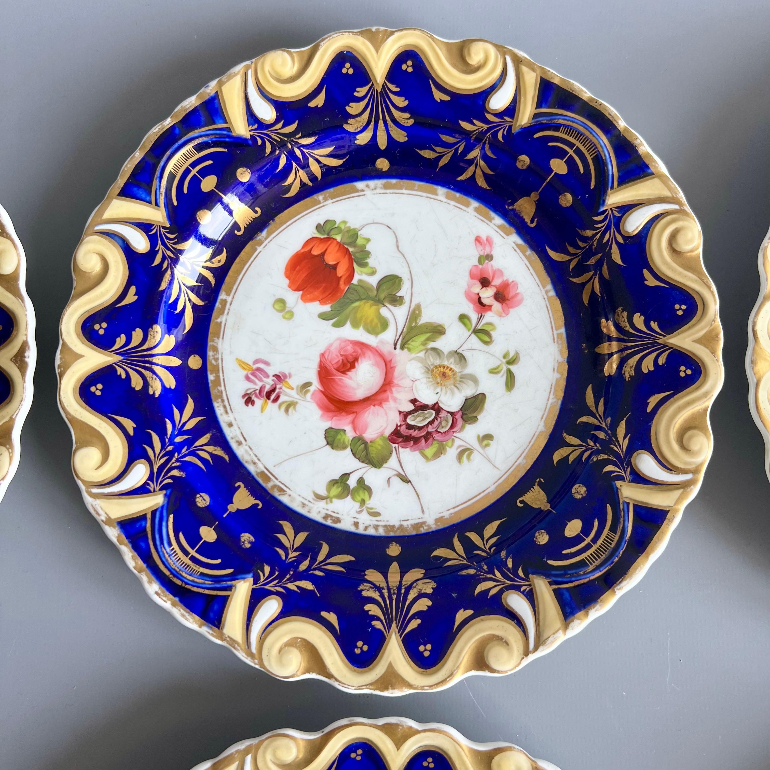 Porcelain Machin Part Dessert Service, Moustache Shape, Cobalt Blue and Flowers, ca 1825 For Sale