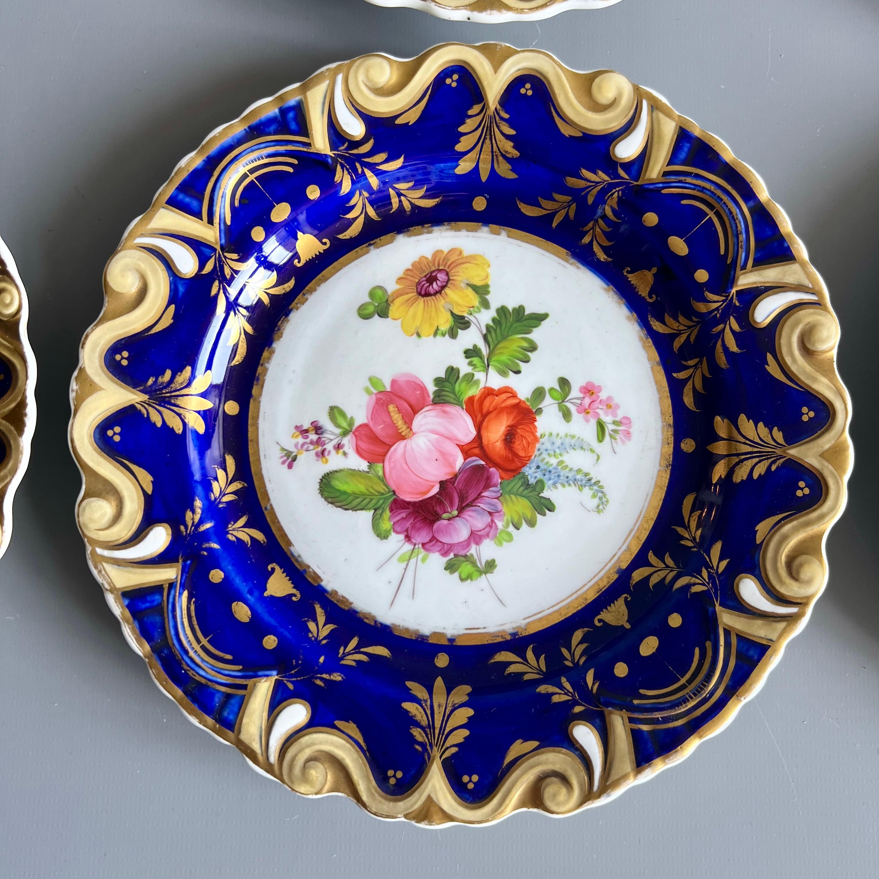 Machin Part Dessert Service, Moustache Shape, Cobalt Blue and Flowers, ca 1825 For Sale 1