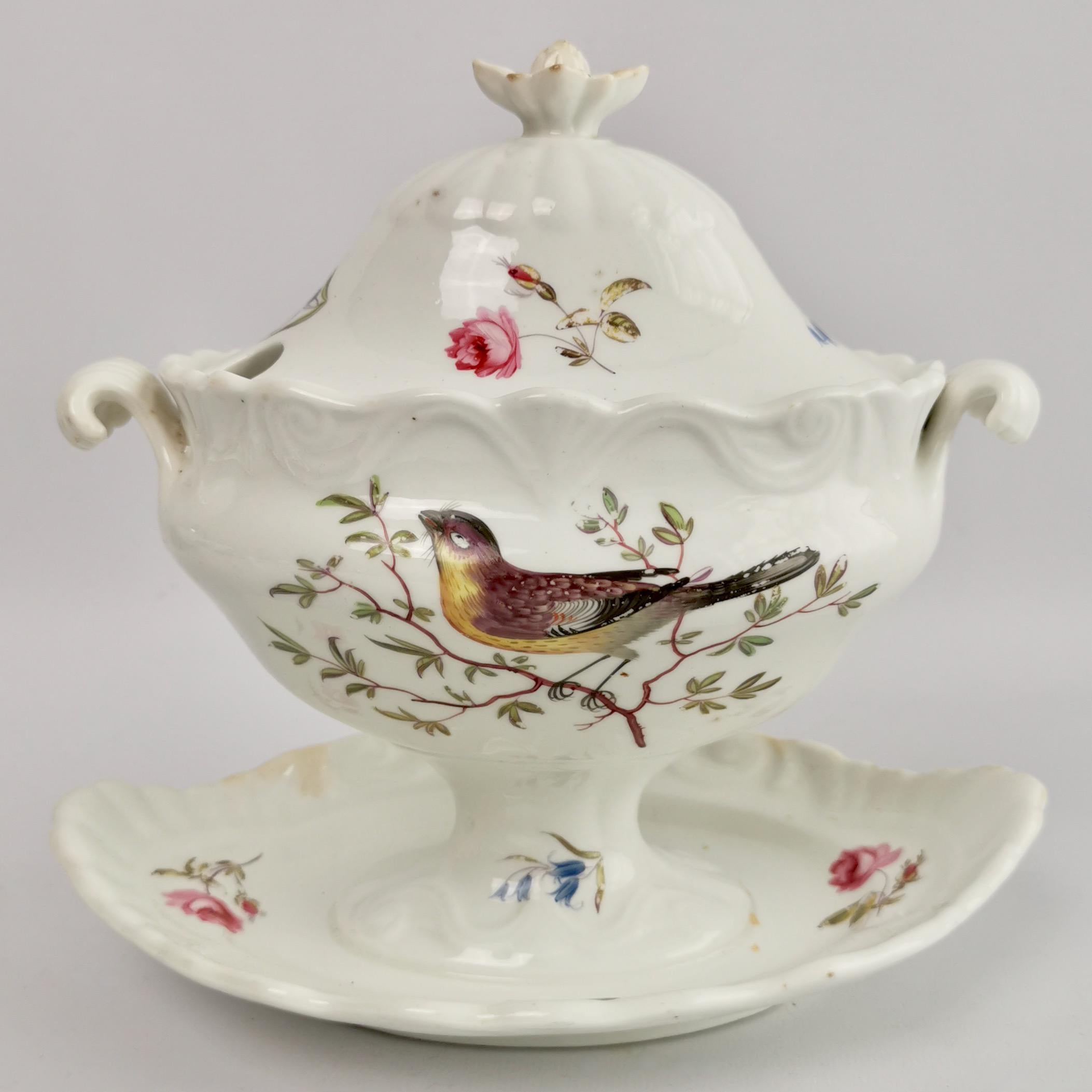 English Machin Porcelain Dessert Service, Moustache Shape, White, Birds, Regency ca 1820