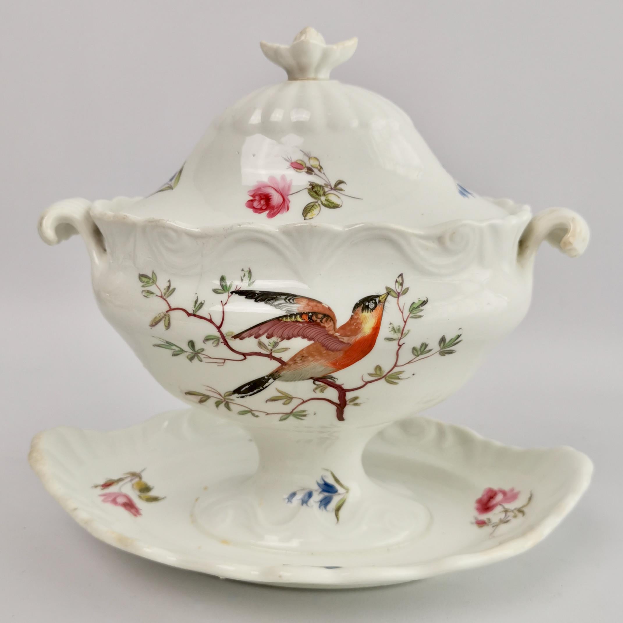 Hand-Painted Machin Porcelain Dessert Service, Moustache Shape, White, Birds, Regency ca 1820