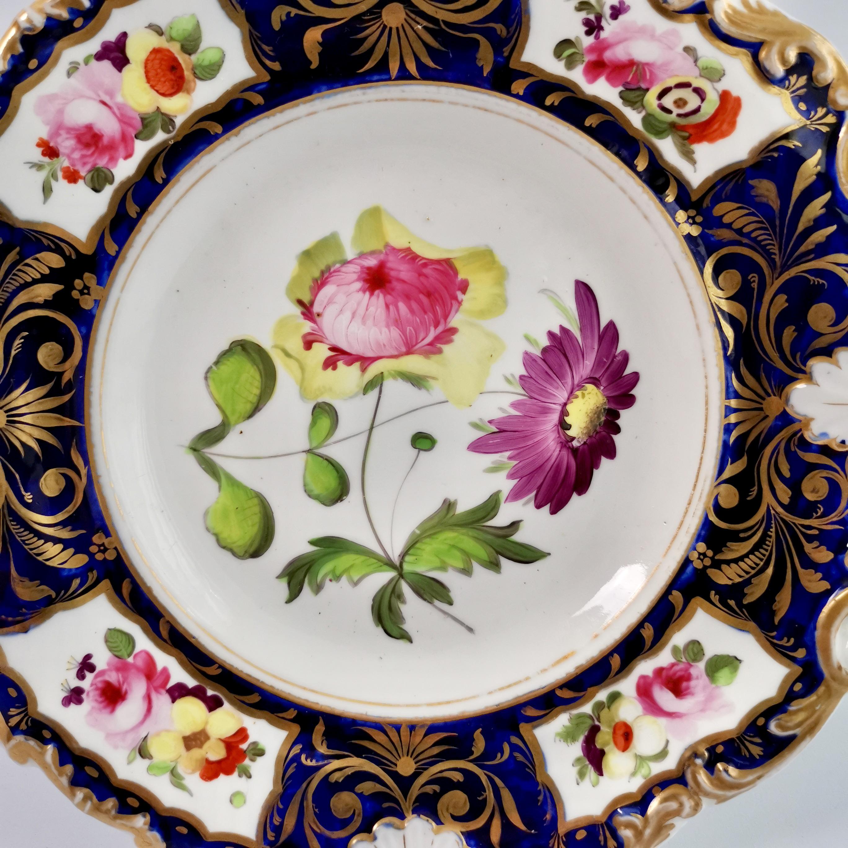 English Machin Porcelain Plate, Cobalt Blue, Gilt and Flowers, Regency, circa 1820