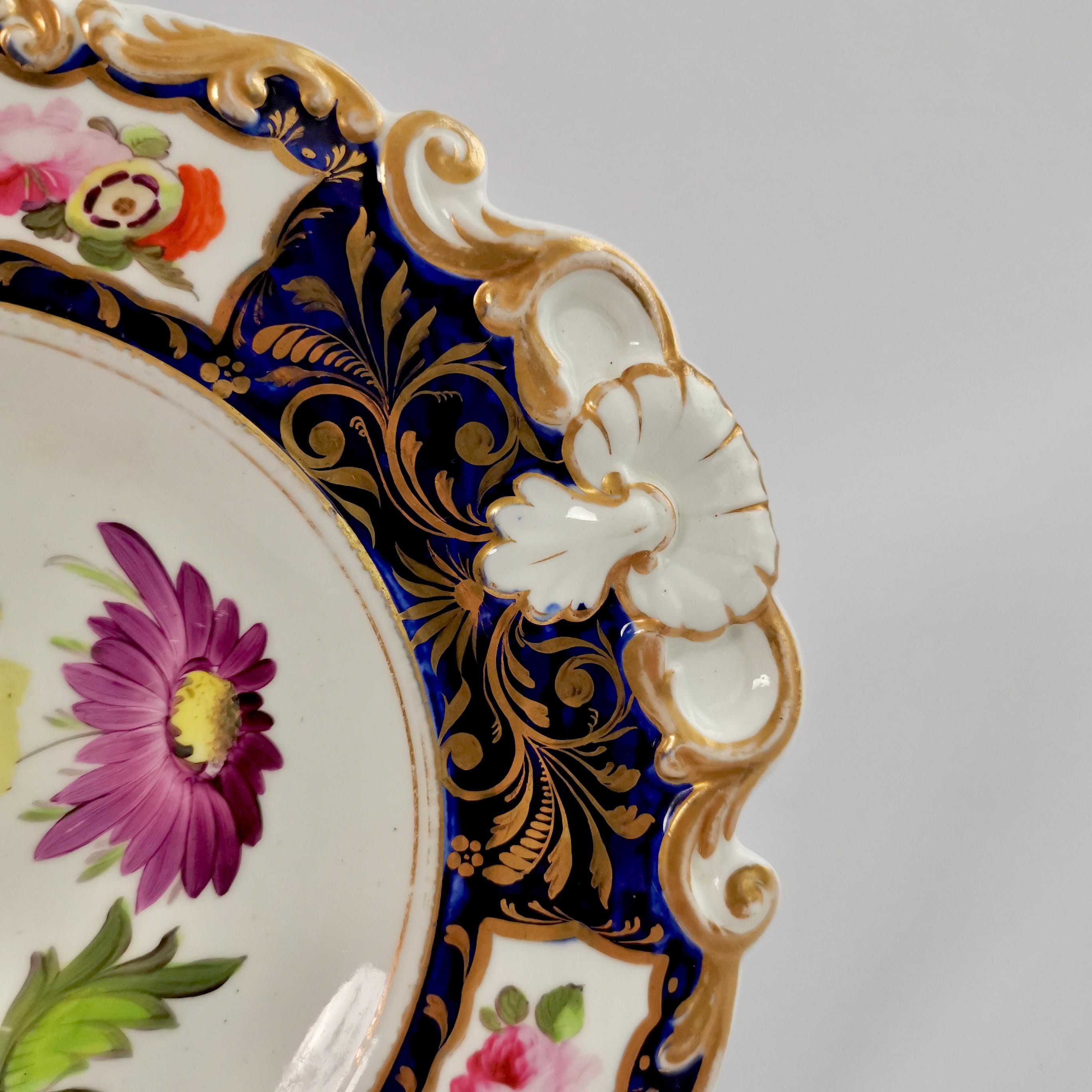 Hand-Painted Machin Porcelain Plate, Cobalt Blue, Gilt and Flowers, Regency, circa 1820