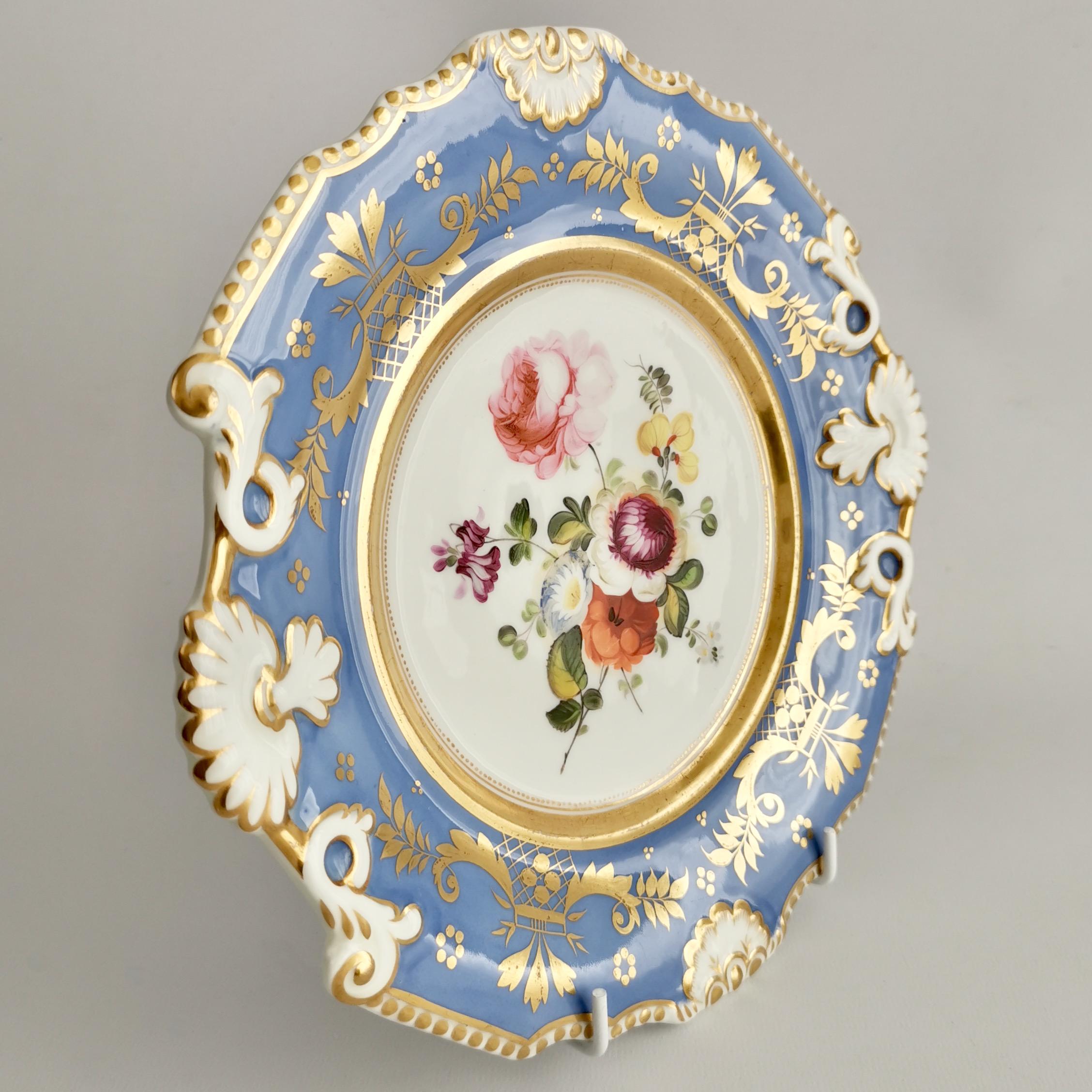 Machin Porcelain Plate, Periwinkle Blue with Flowers, Regency ca 1820 4